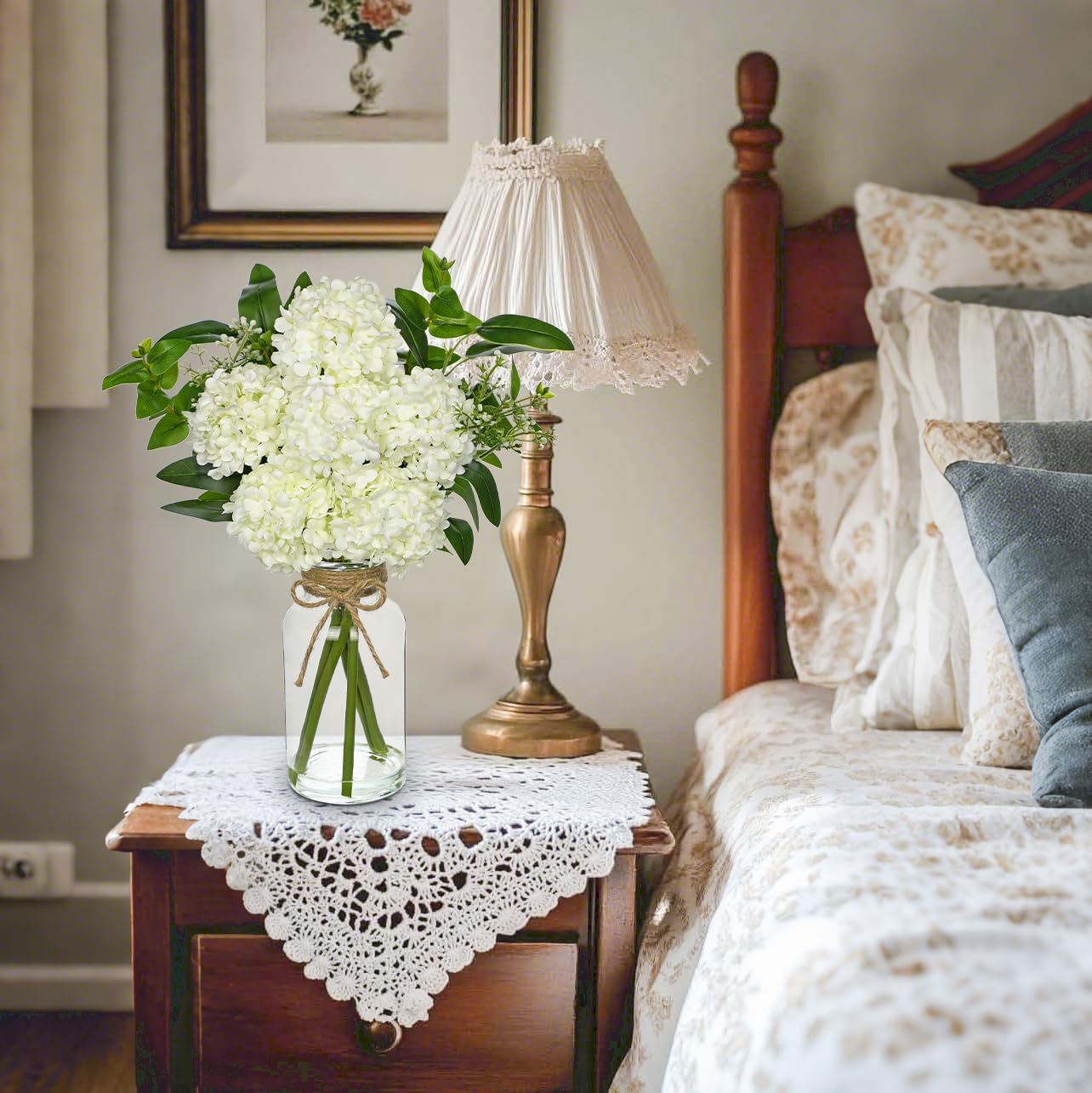 Hollyone White Hydrangea Artificial Flowers in Clear Glass Vase with Faux Water Silk Hydrangeas Fake Flowers Floral Arrangement for Home Bathroom Kitchen Office Table Centerpiece Shelf Decorations - Image 6