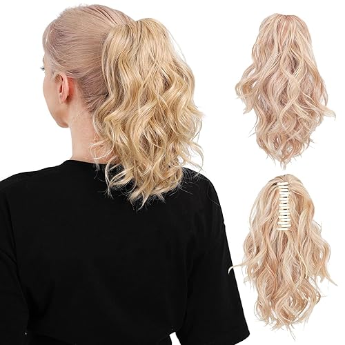 Cola de caballo rizada de 12 pulgadas, colas de caballo con ondas sintéticas, extensiones de cabello con clip de cola de caballo mediana para