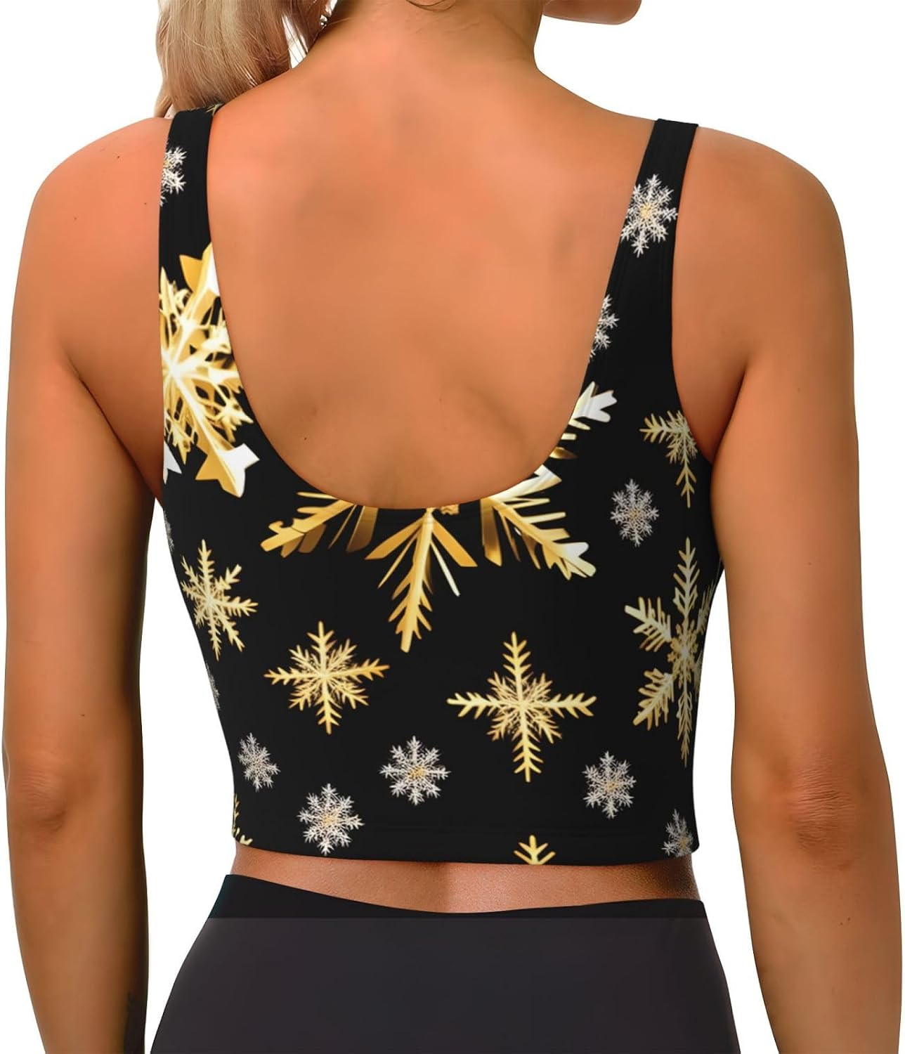 Golden Christmas Snowflakes Print Women's Strappy Sports Bra, Stretch Gym Bras U Neck Yoga Tops, Comfort Seamless Bra