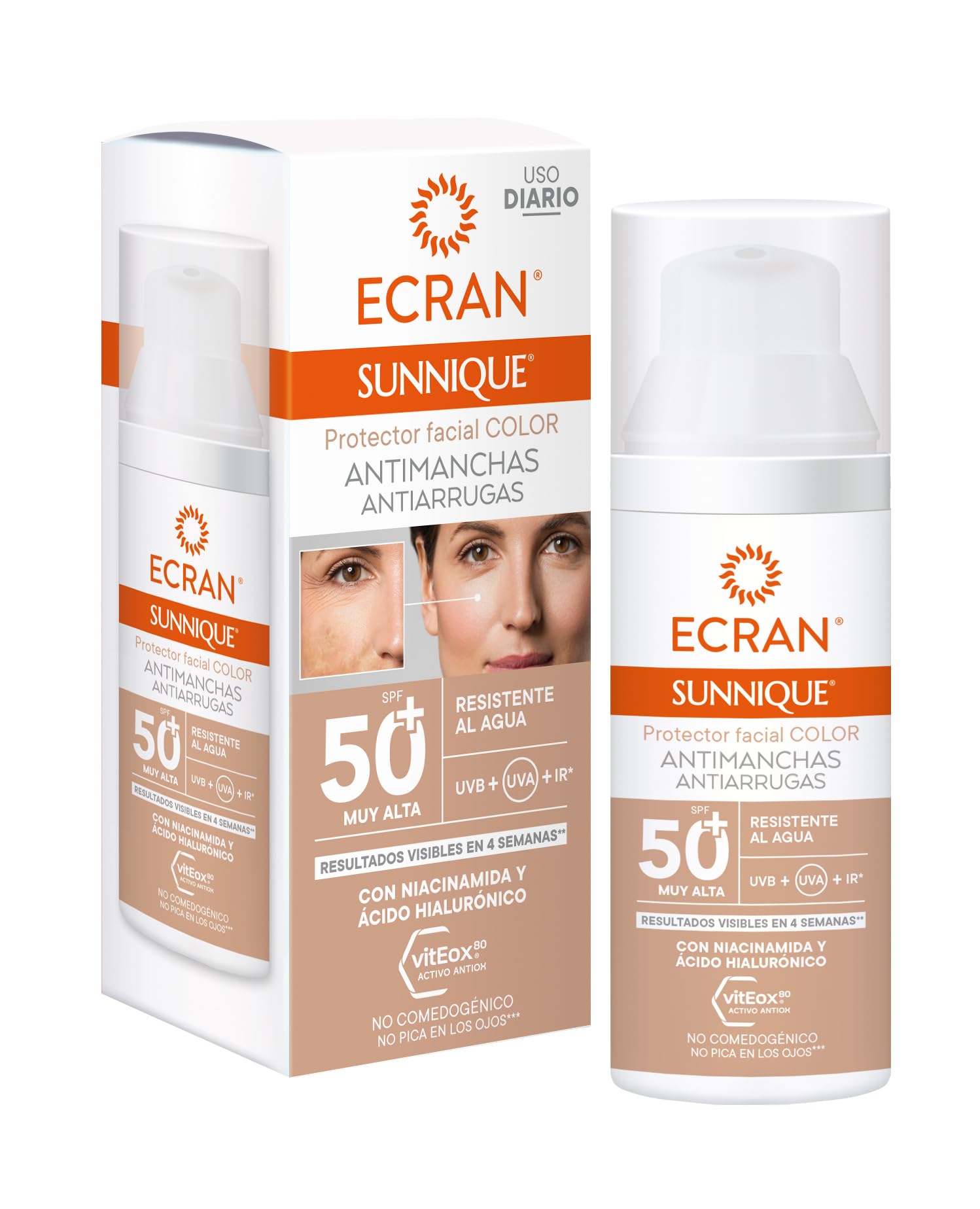 Protector facial Ecran Sunnique SPF 50+ con fórmula antimanchas y antiarrugas.