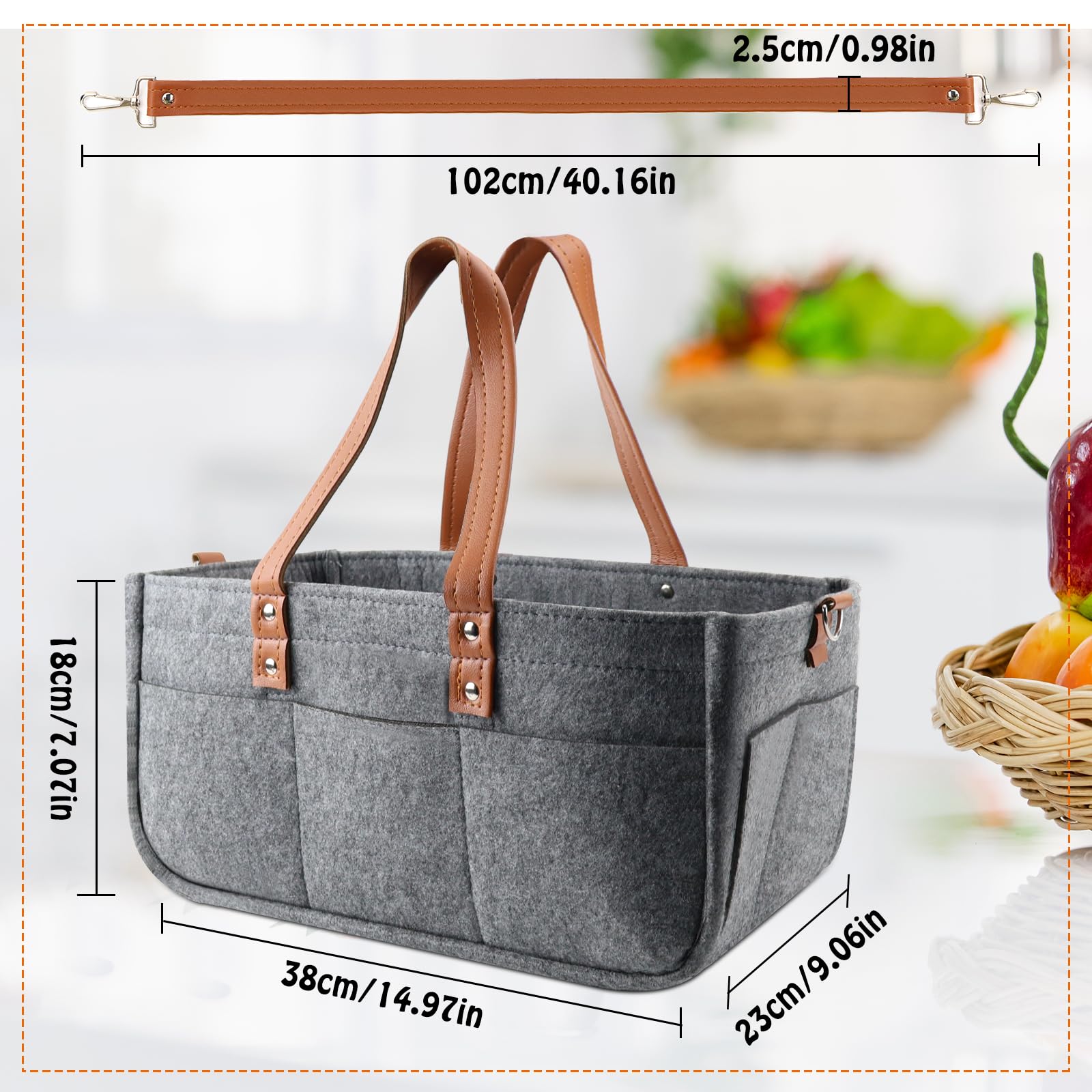 Bolsa de fieltro grande, 38 x 23 x 18 cm, bolsa de fieltro con compartimentos extraíbles, para viajes al aire libre, picnic, compras, almacenamiento (gris)