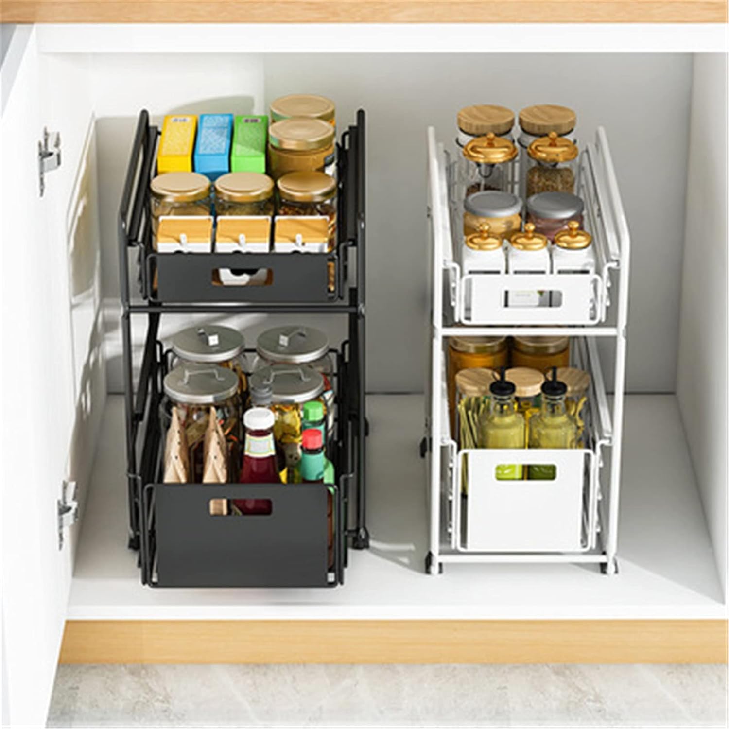 Under Sink Organizers Stackable 2-Tier Kitchen Cabinet Organizer Under Sink Organizer Rack with Sliding Storage Basket Drawers Increase Storage Space (Color : White Size : 27.5x35x43cm)