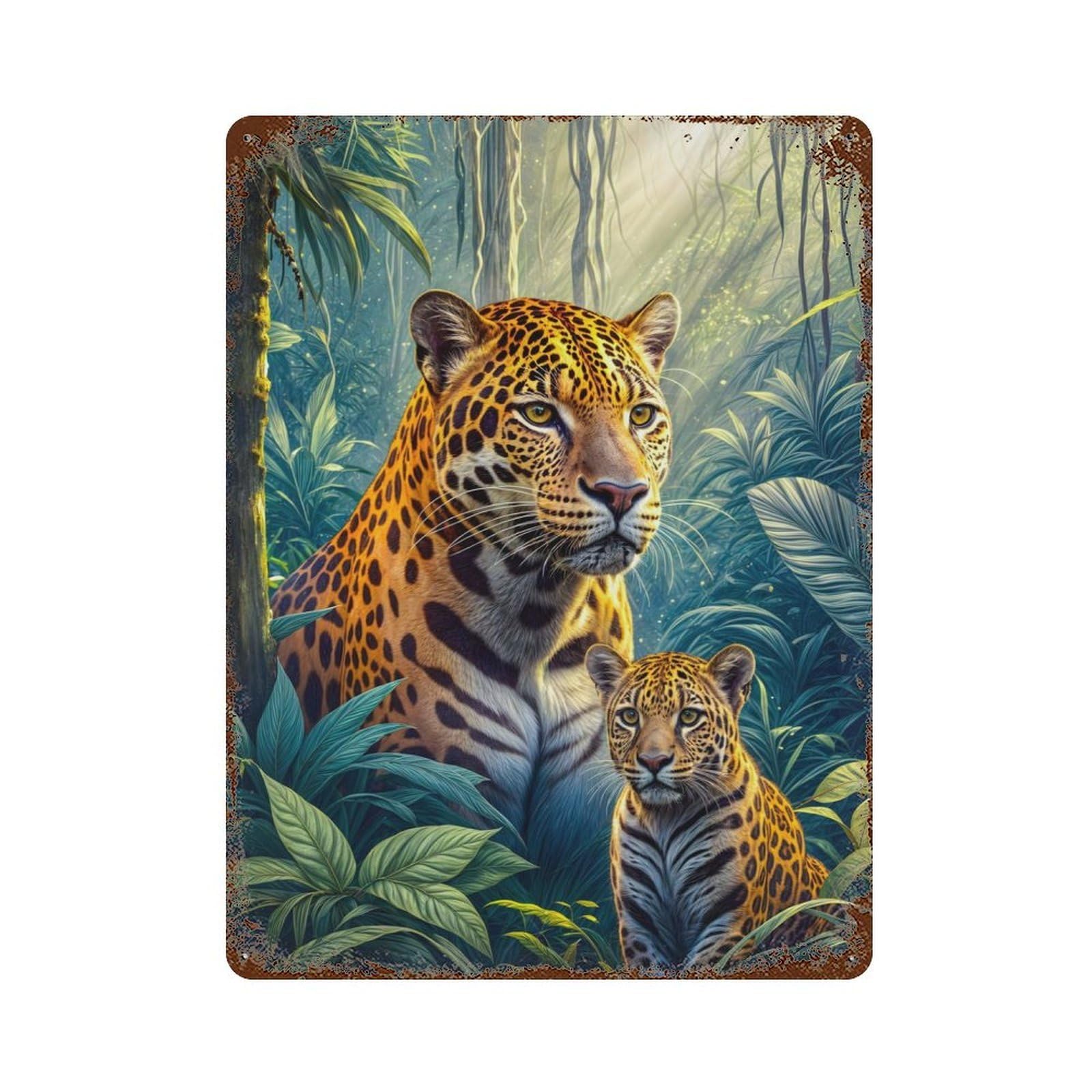 Garage Style Jaguar with Cub in Forest Aged Metal Wall Plaque 15.7"x11.8", Novelty Wall Decor for Bar And Workshop