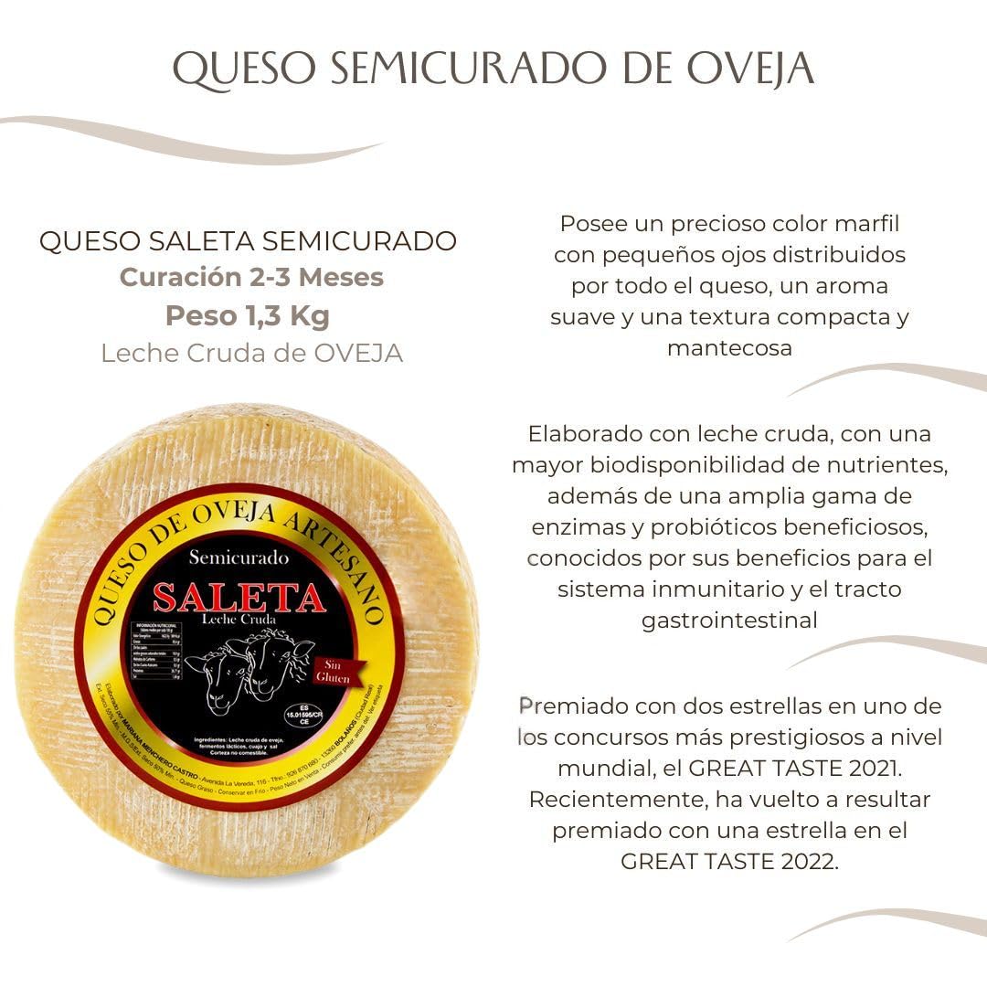 SALETA® Queso Semicurado Entero de oveja Gourmet (1,3 Kg) | Elaboracion Artesana Quesos de La Mancha | Quesos de leche de oveja | Caja Gourmet para regalar | Queso Gourmet Regalo — view 2
