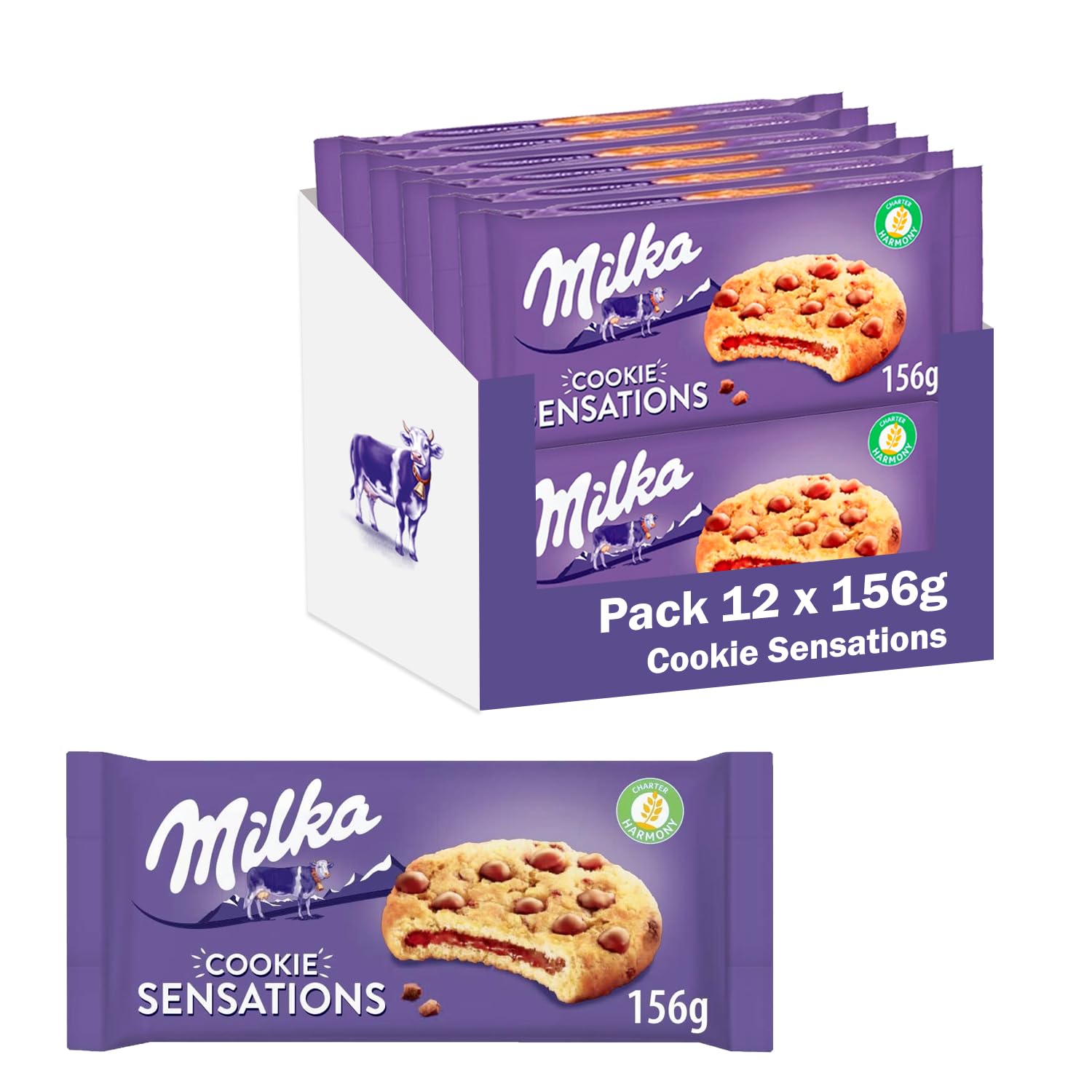 Milka Sensations Galleta Cookie con Pepitas y Relleno de Chocolate, Pack de 12 x 156 g