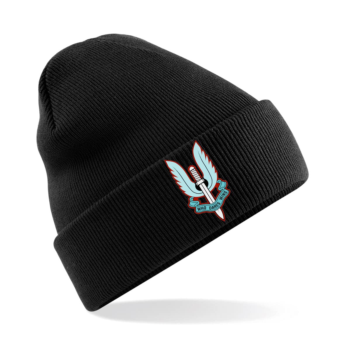 PSave SAS Special Air Service Who Dares Wins Blue Flaming Dagger Insignia Mens Premium Embroidered Beanie Hat, Bob Hat British Army Military (Black)