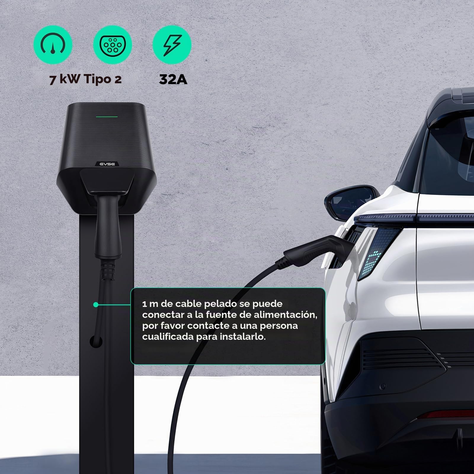 7kW EV Cargador de Pared, Monofásico 32A | 24A | 16A | 240v y Tipo 2 IEC 62196-2 Estación de Carga Doméstica Wallbox para BEV PHEV Tipo 1/2 Modo 3
