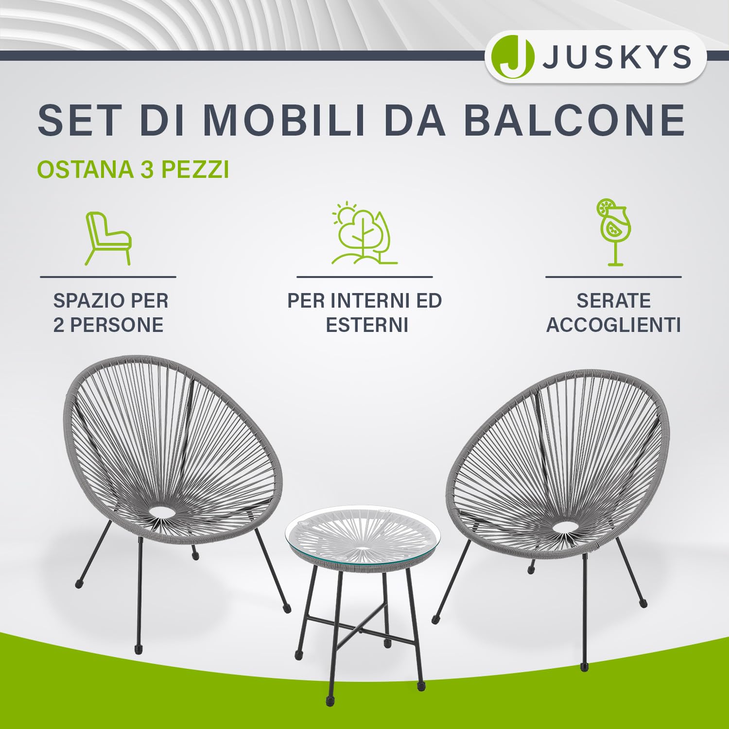 Juskys Set di mobili da balcone Ostana 3 pezzi - Tavolo e 2 poltrone - Elegante gruppo di seduta per balcone, terrazza e giardino - Set di mobili da giardino per balcone Grigio chiaro