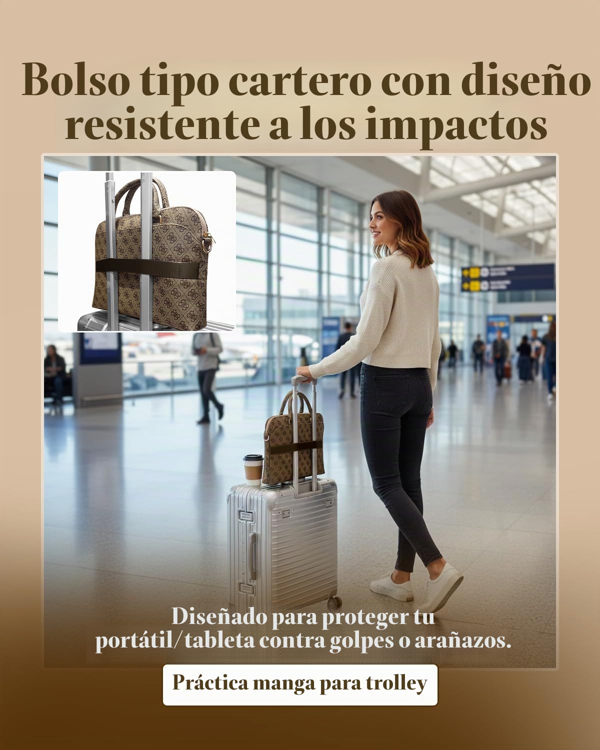 CG MOBILE Funda para portátil Guess 4G con cremallera y logotipo triángulo de 15 pulgadas (marrón)
