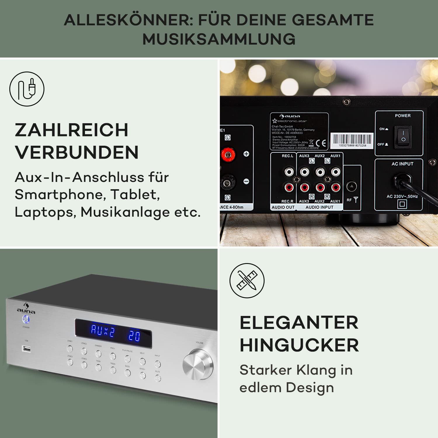 Auna HiFi Stereo Mini Verstärker 4 Kanal Audio-Verstärker mit Bass & Treble Regler Fernbedienung AUX