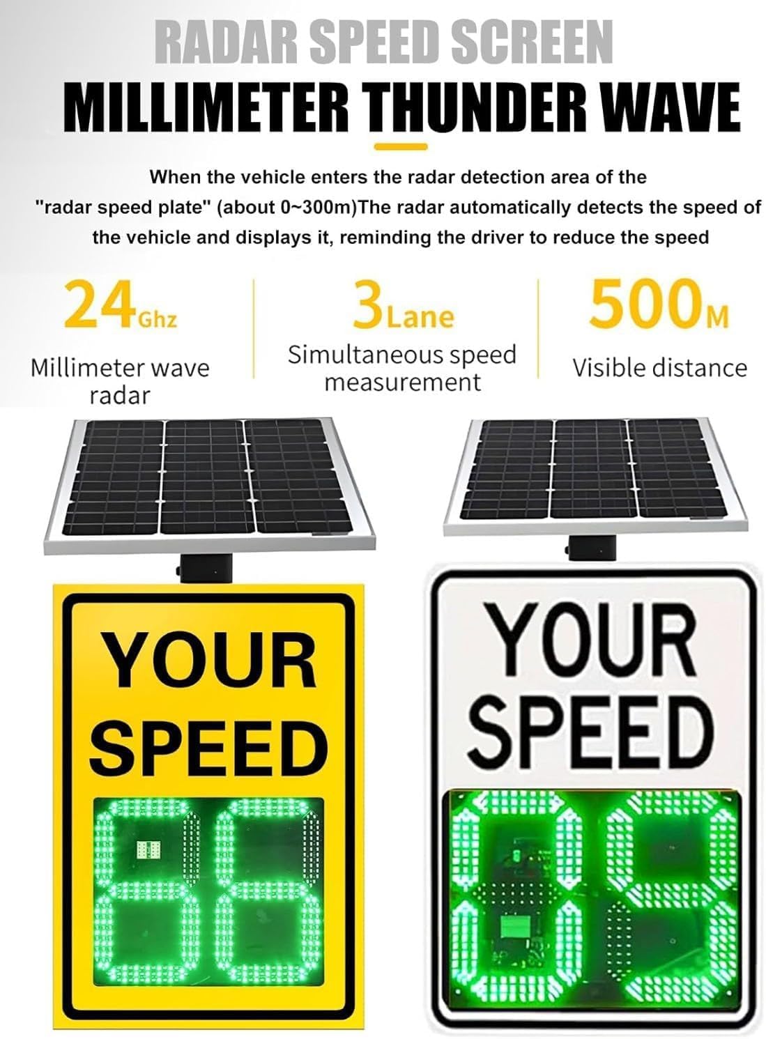 Panneau Radar De Limitation De Vitesse À Affichage Solaire, avec Retour Dinformation LED, Détection De La Vitesse Et Accessoires Complets, en Aluminium Yellow 60X75cm