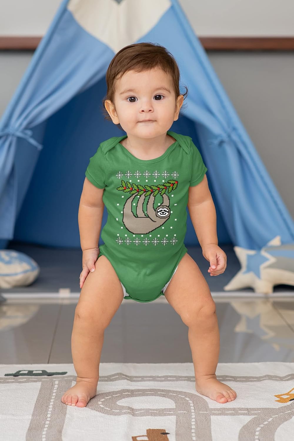Old Glory Big Hanging Sloth Ugly Christmas Sweater Soft Baby One Piece Kelly Green 9-12 M