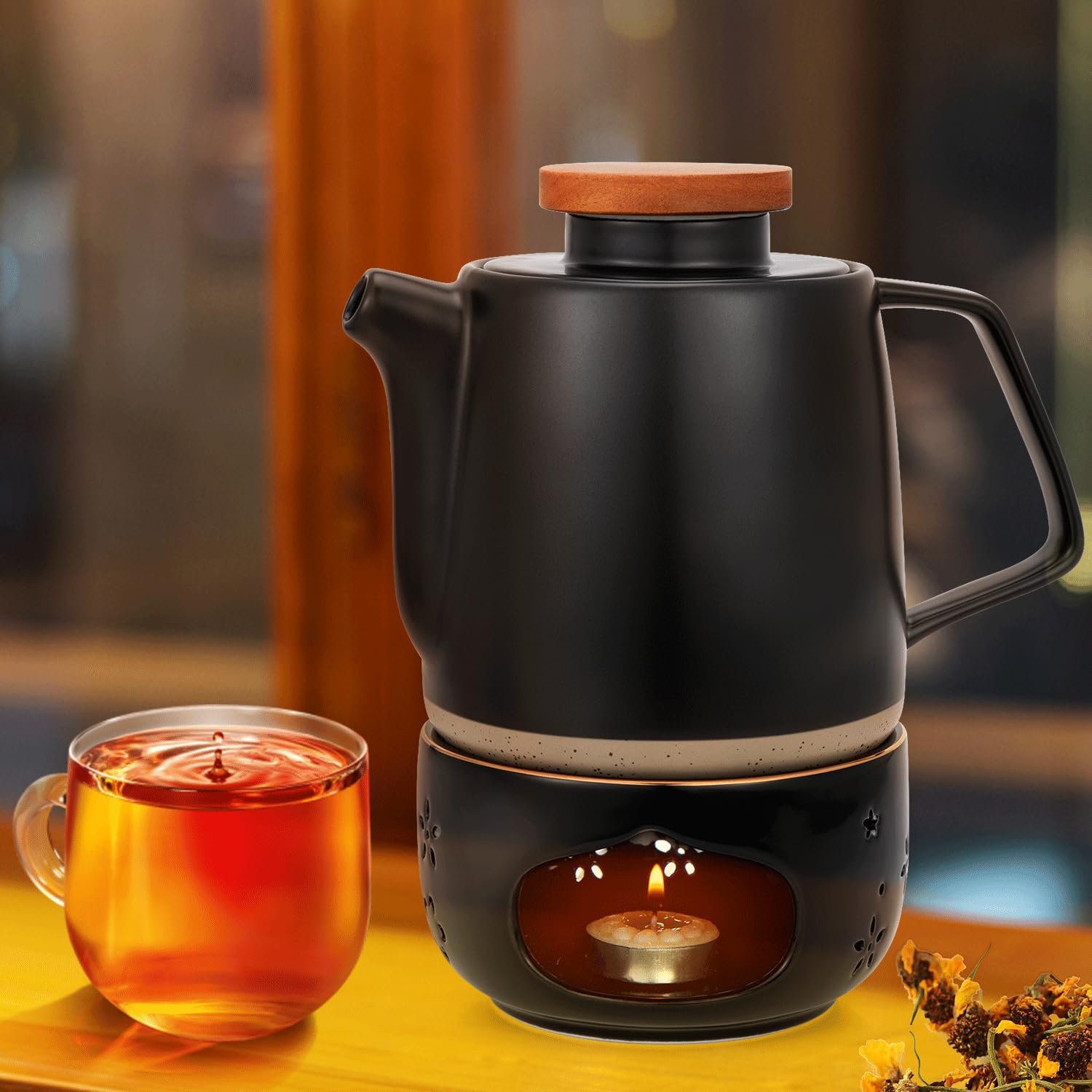 Teekanne Keramik mit Siebeinsatz und Stövchen 850ML, Teekanne mit Sieb Herausnehmbar-Schwarz