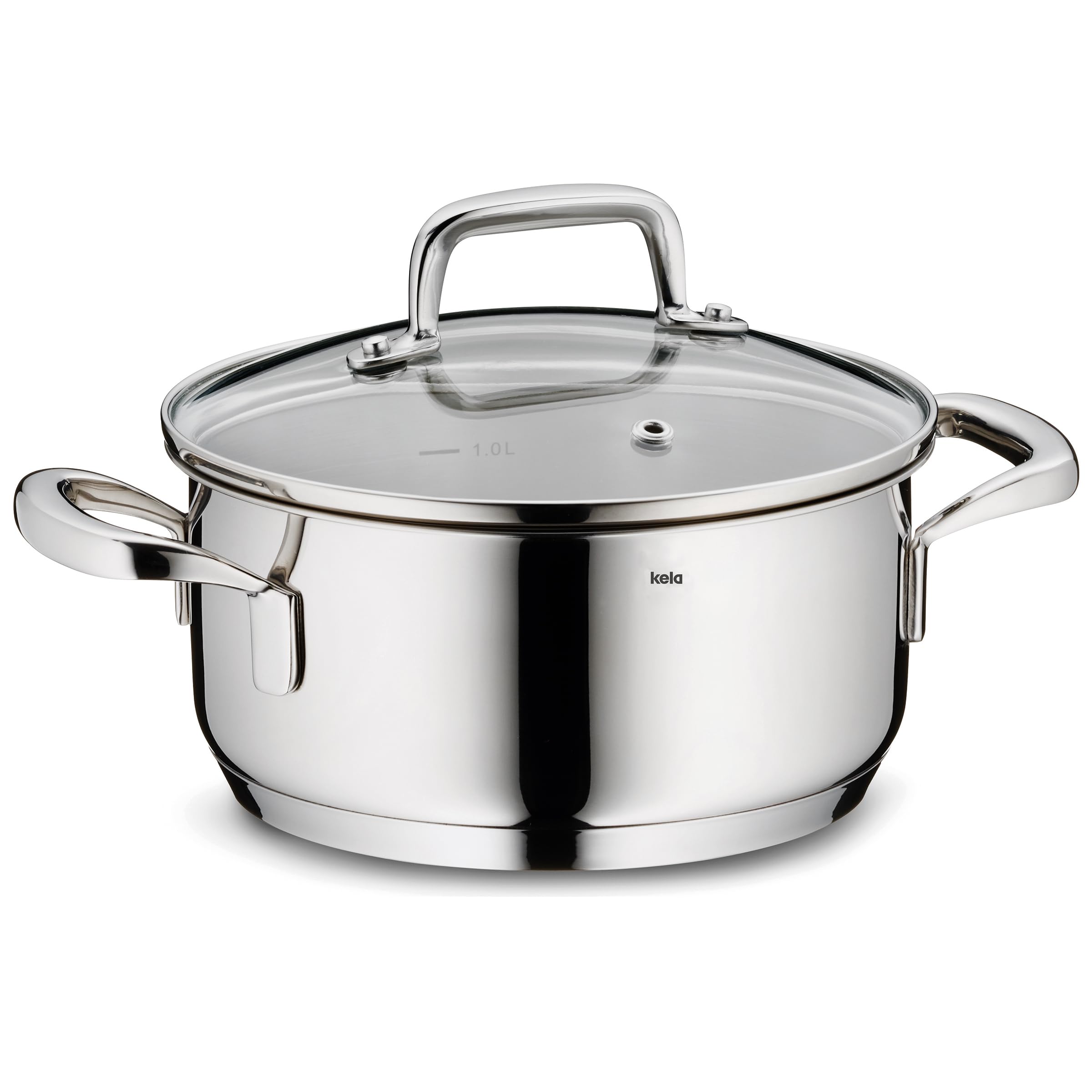Kela Glossy Silver Frying Pot 16 Cm Flavoria, Induction Saucepan 1.2 L, Glass Lid With Steam Outlet Valve, Inner Scale, Small Saucepan, Uncoated