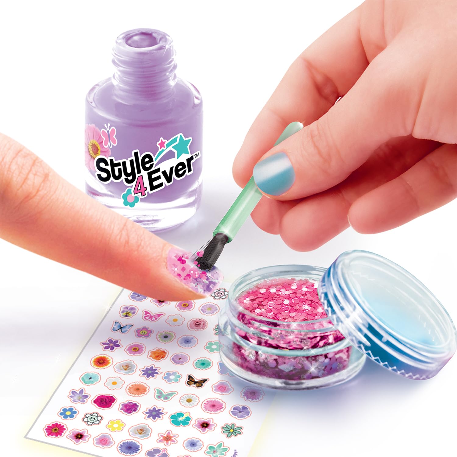 Canal Toys Style 4 Ever – Set de Manucure Bloom – 4 Vernis, Séchoir à Ongles, Faux Ongles, Paillettes et Stickers – Kit Créatif Nail Art Enfant 8+ Ans- Idée Cadeau Beauté – OFG364