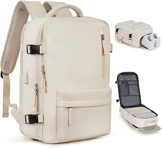 17 Inch Carry-On Backpack, Large Travel Backpack for Women and Men with USB Charging Port, Airplane Approved Water Resistant Lightweight Daypack for Flight - Beige