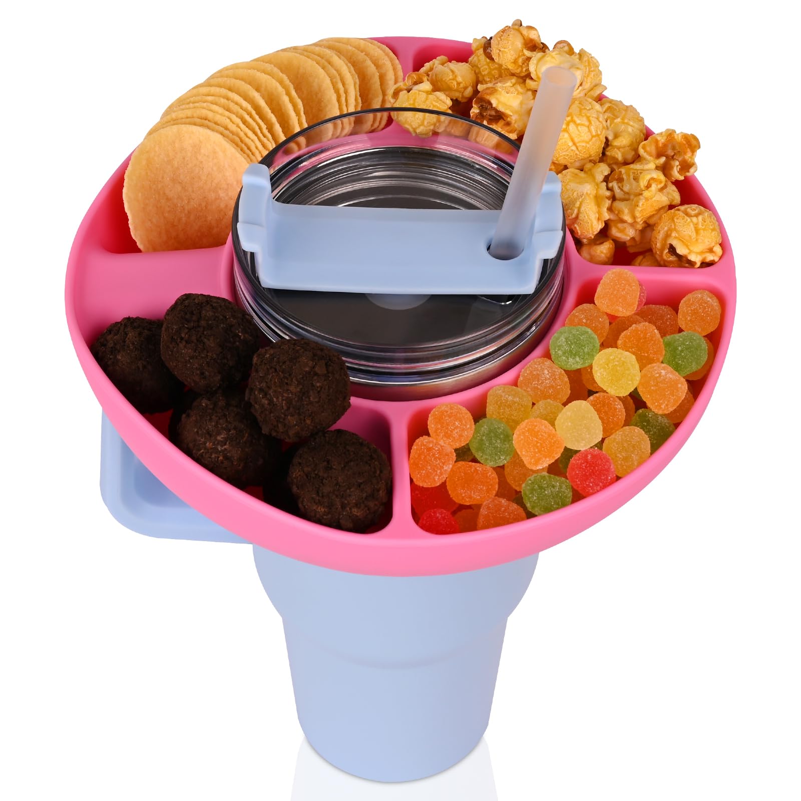 Snack Bowl for Stanley 40 oz Tumbler with Handle, Reusable Divided Tray Silicone Platter Food Storage Containers, Portable Snack Holder Stanley Cup Accessories (Pink)