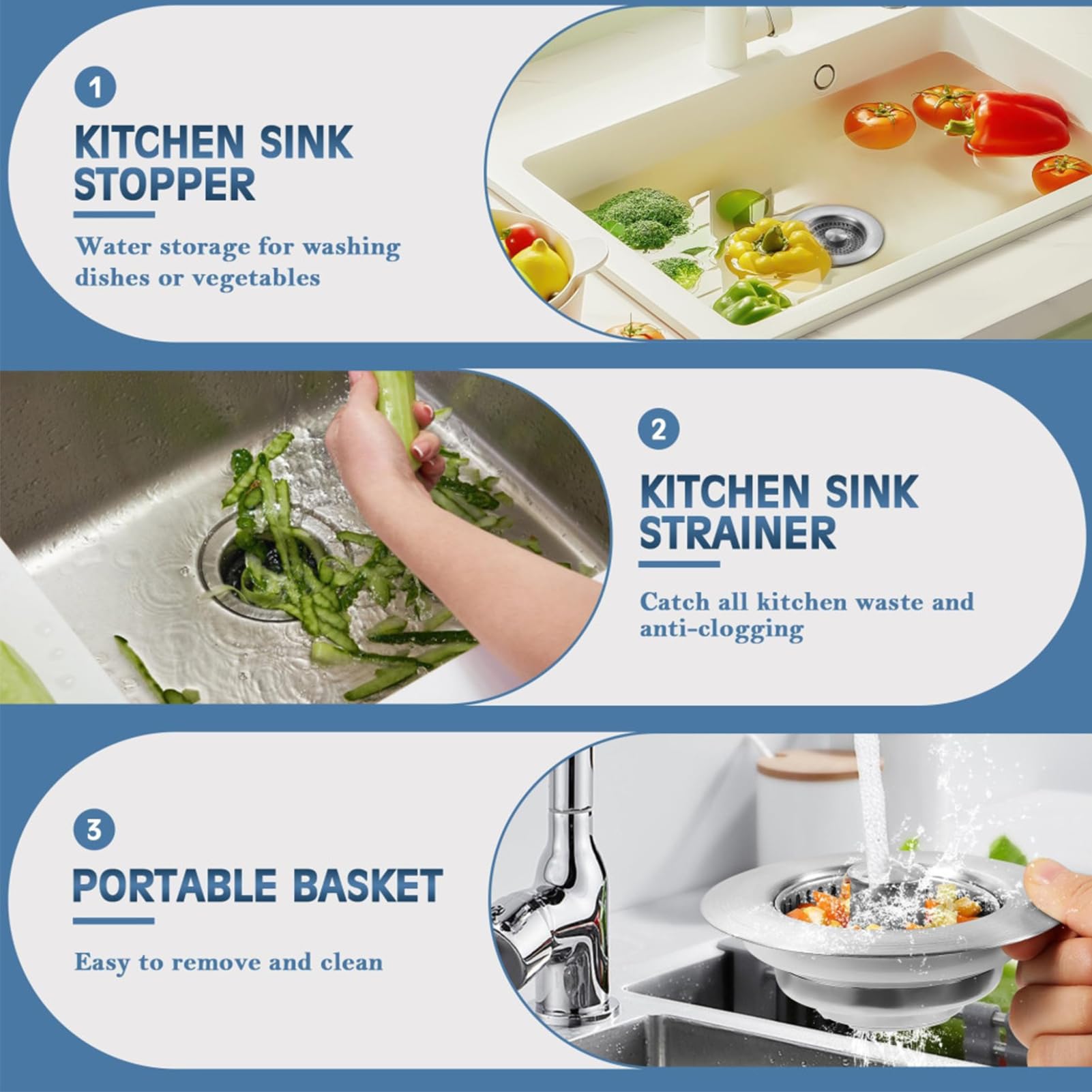 Bouchon de canalisation de Cuisine, crépine pour évier,Bouchon d'évier de Cuisine escamotable en Acier Inoxydable - d'évier à Drainage Rapide, Panier collecteur de Nourriture Anti-colmatage po