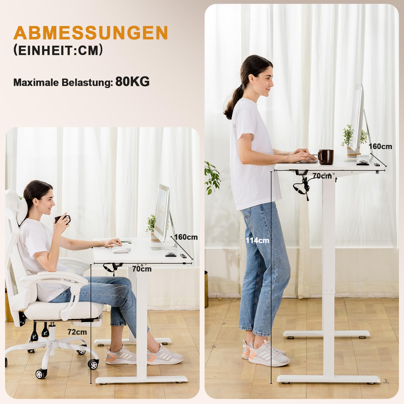 COMHOMA Höhenverstellbarer Schreibtisch 160x70 cm mit USB-Buchse und Haken, Elektrisch Verstellbarer Computertisch, Steh-Sitztisch Stehpult Stehschreibtisch Weiß