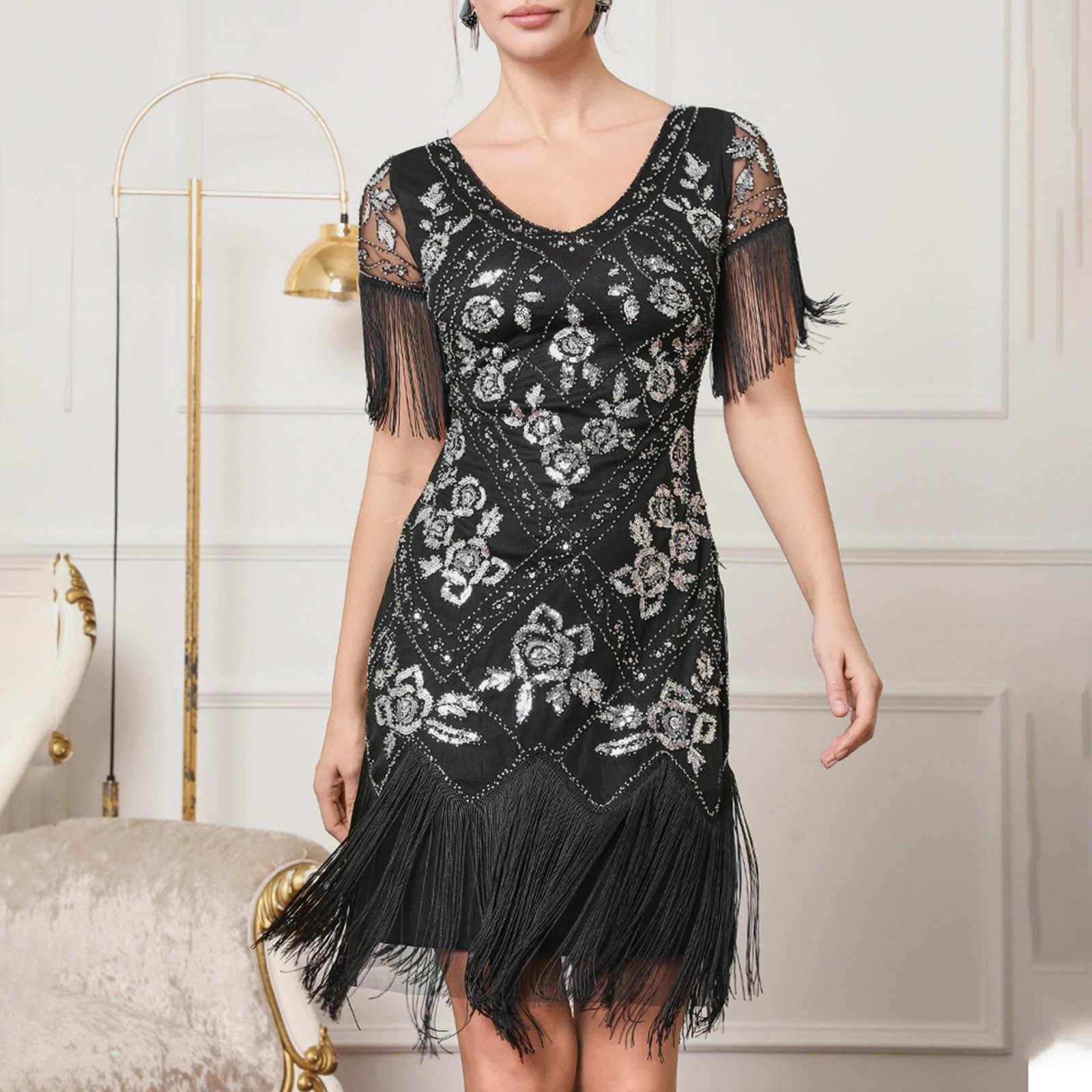 Generico Vestiti Eleganti Donna - Elegante Abito da Sera Formale con Colletto Paillettes Scintillanti Frange Senza Spalline Abito da Cocktail per Banchetti E Celebrazioni