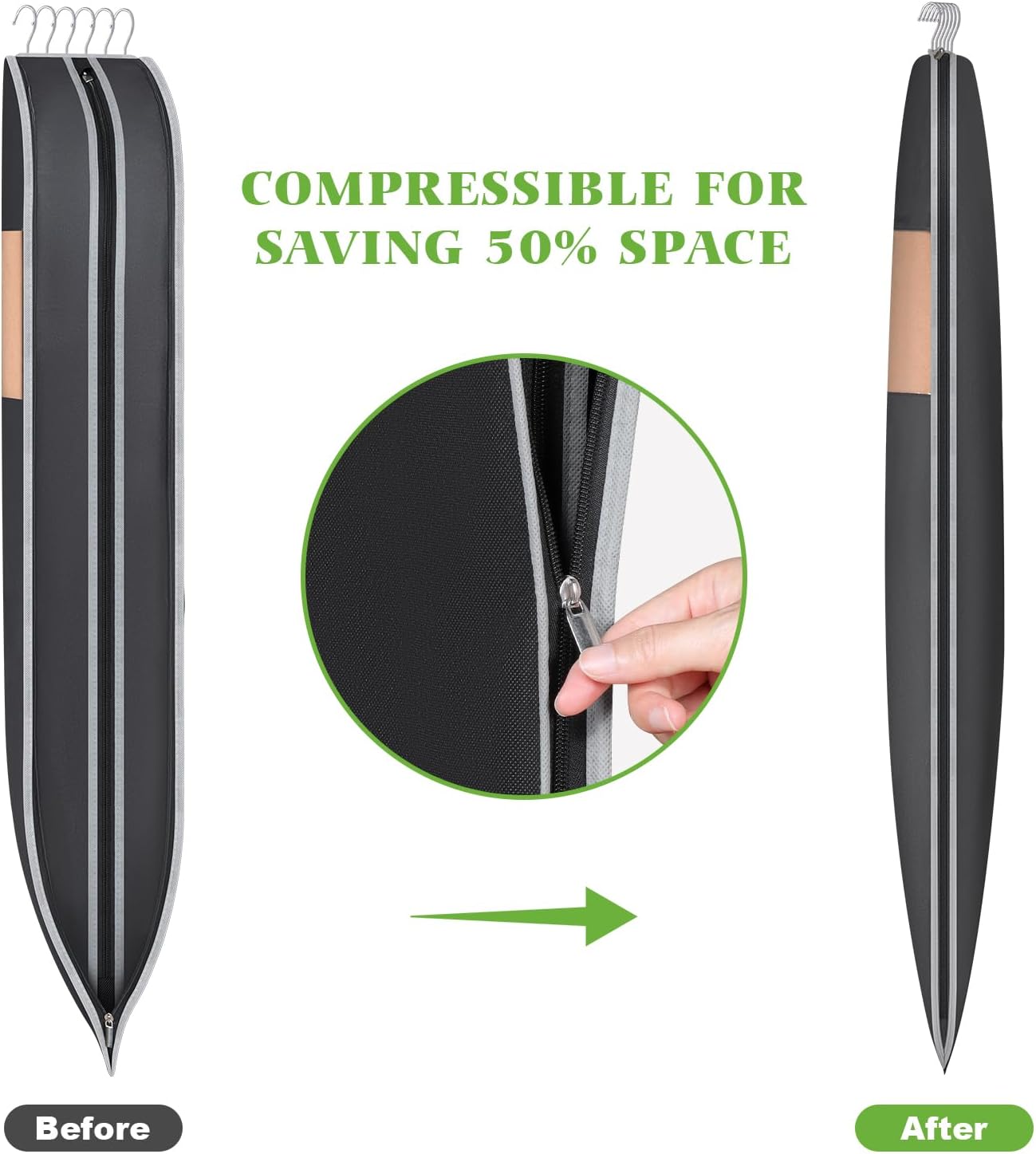 KEEGH Space Saving Hanging Garment Bag with Self Compression Zipper 50 Inch, Compression Garment Bags for Hanging Clothes with Clear Window, Suit Bags for Closet Storage (3 Pack)