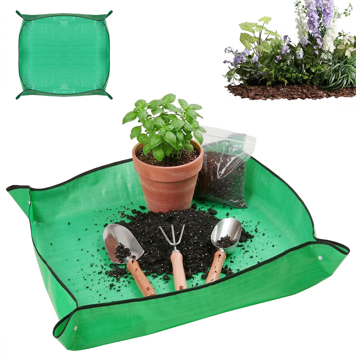 JRHSLCXLT Plant Repotting Mat 100x100cm Waterproof Gardening Mat, Foldable Indoor Potting Mat with Corner Buttons, Thick PE Planting Tarp for Soil Changing, Succulent Repotting, Balcony Gardening