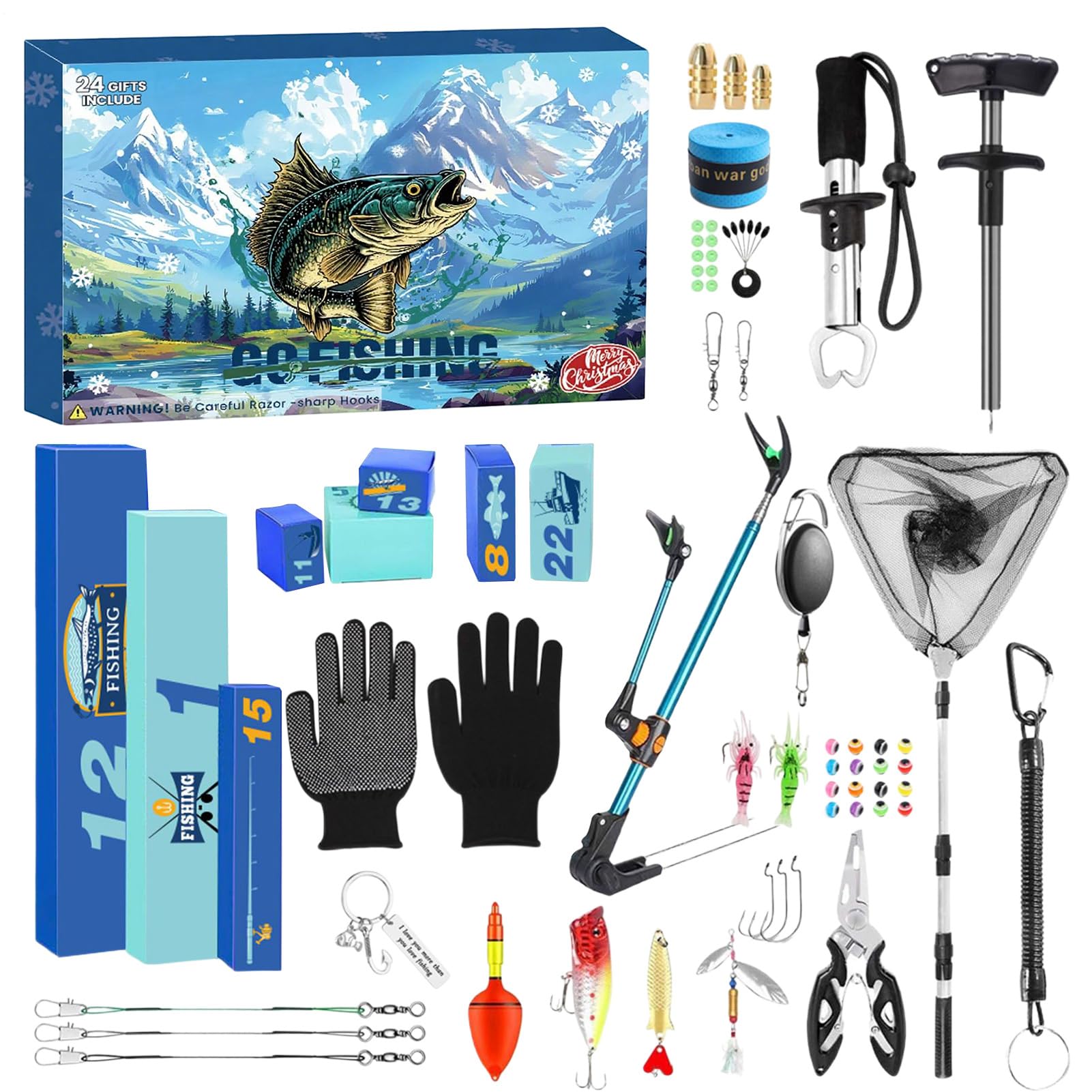 Calendario de Pesca 2025 Cuenta Atrás de Navidad Portacañas Pinza Atador | Set pesca cuenta atrás 24 días Navidad Adviento Pesquero para Papá, Esposo, Novio,