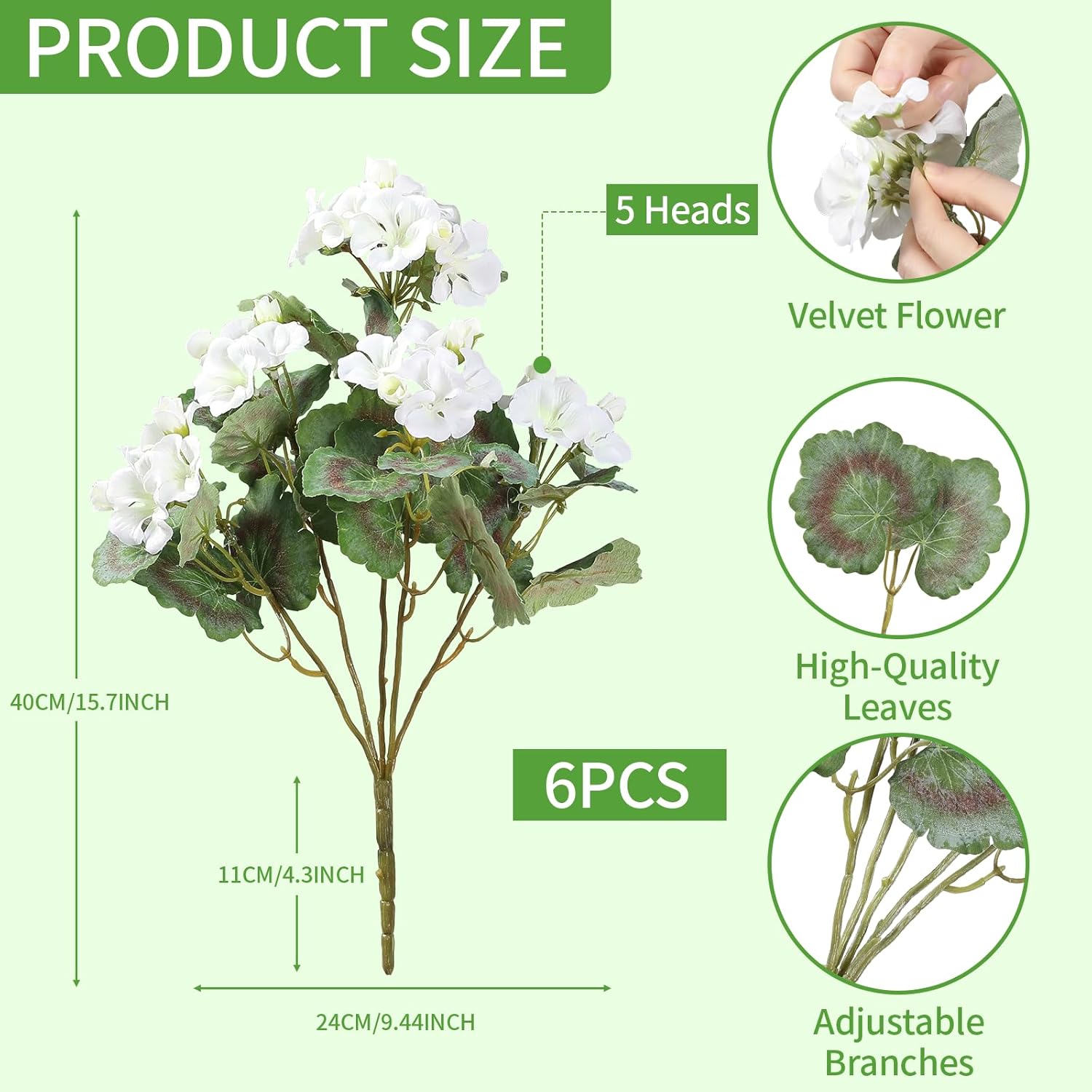 Coferset 30 Blooms White Geraniums Artificial Flowers for Outdoor, 6 Bundles Velvet Realistic Faux Geraniums for Garden Planters, UV Resistant Faux Flowers for Garden, Porch Decor(6, White)