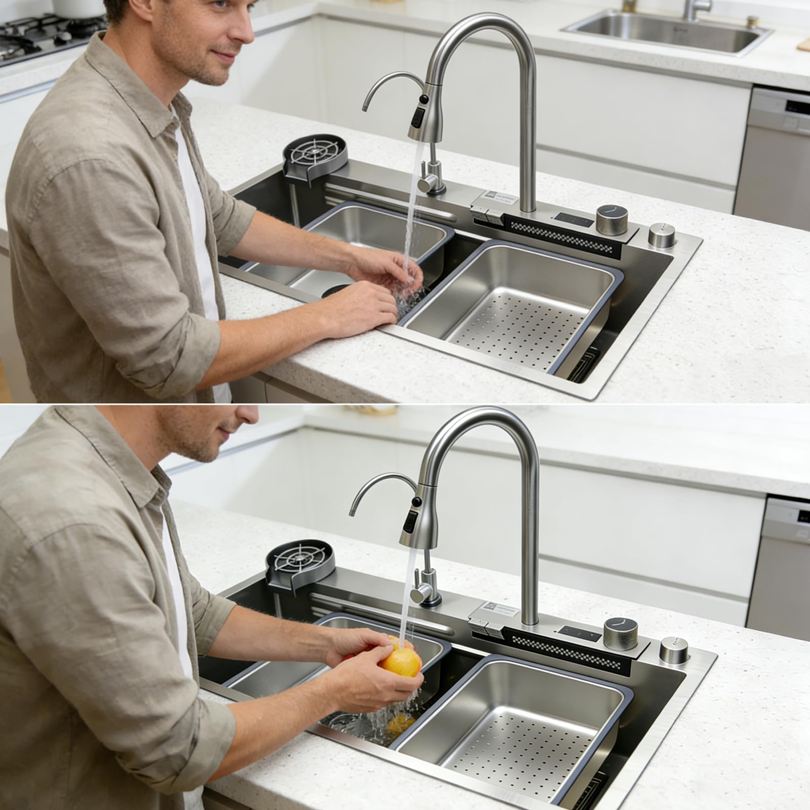 Fregadero de cocina con cascada, 85 x 50 cm, acero inoxidable cepillado 304, fregadero de cocina con pantalla digital, lavabo grande con cesta de drenaje, tabla de cortar, sifón, componente de desagüe