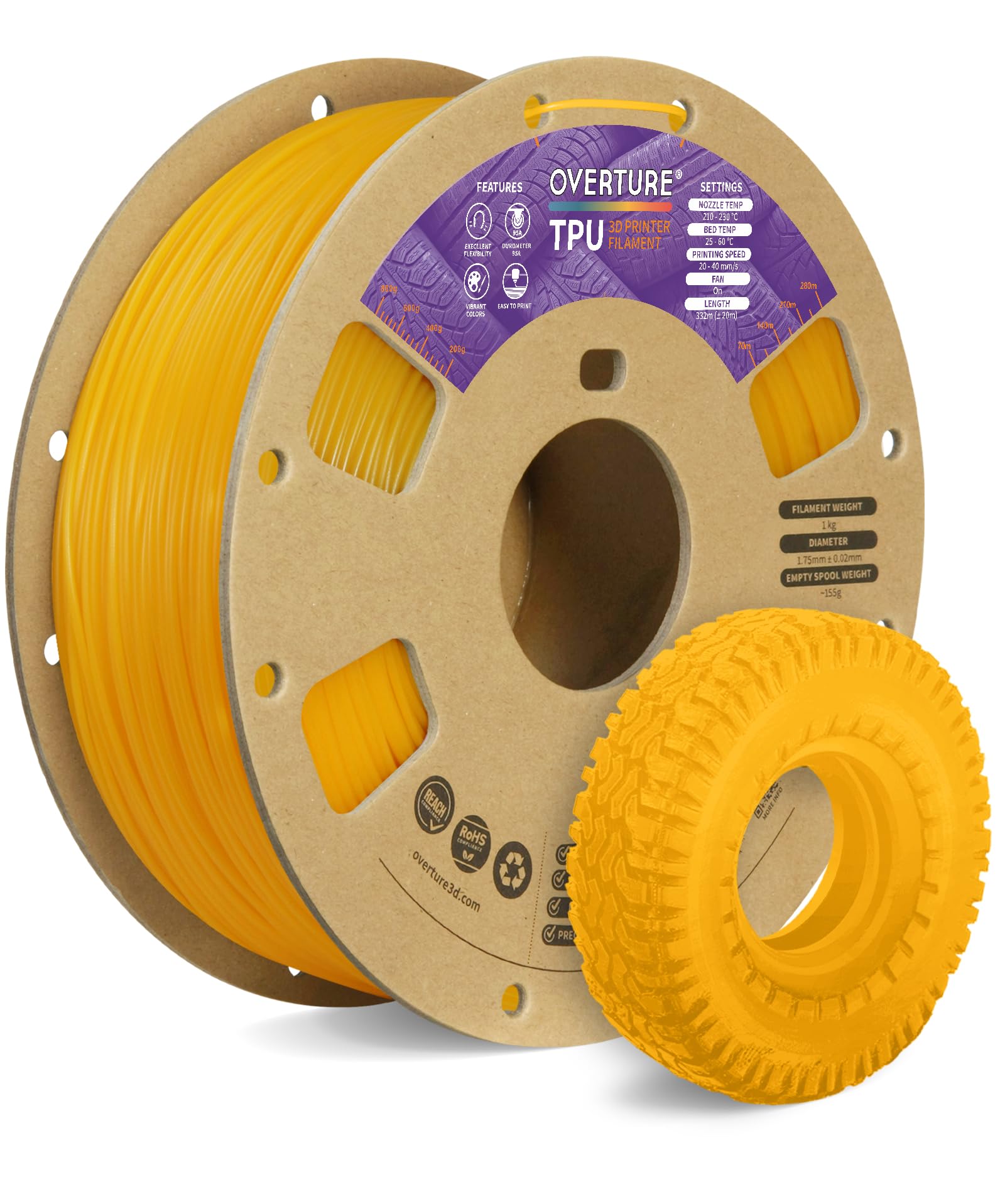 OVERTURE Filamento TPU 1kg Giallo, 1.75mm Flessibile 95A TPU Filamento per Stampante 3D, Precisione Dimensionale +/- 0.03 mm, per Stampante 3D (Giallo)