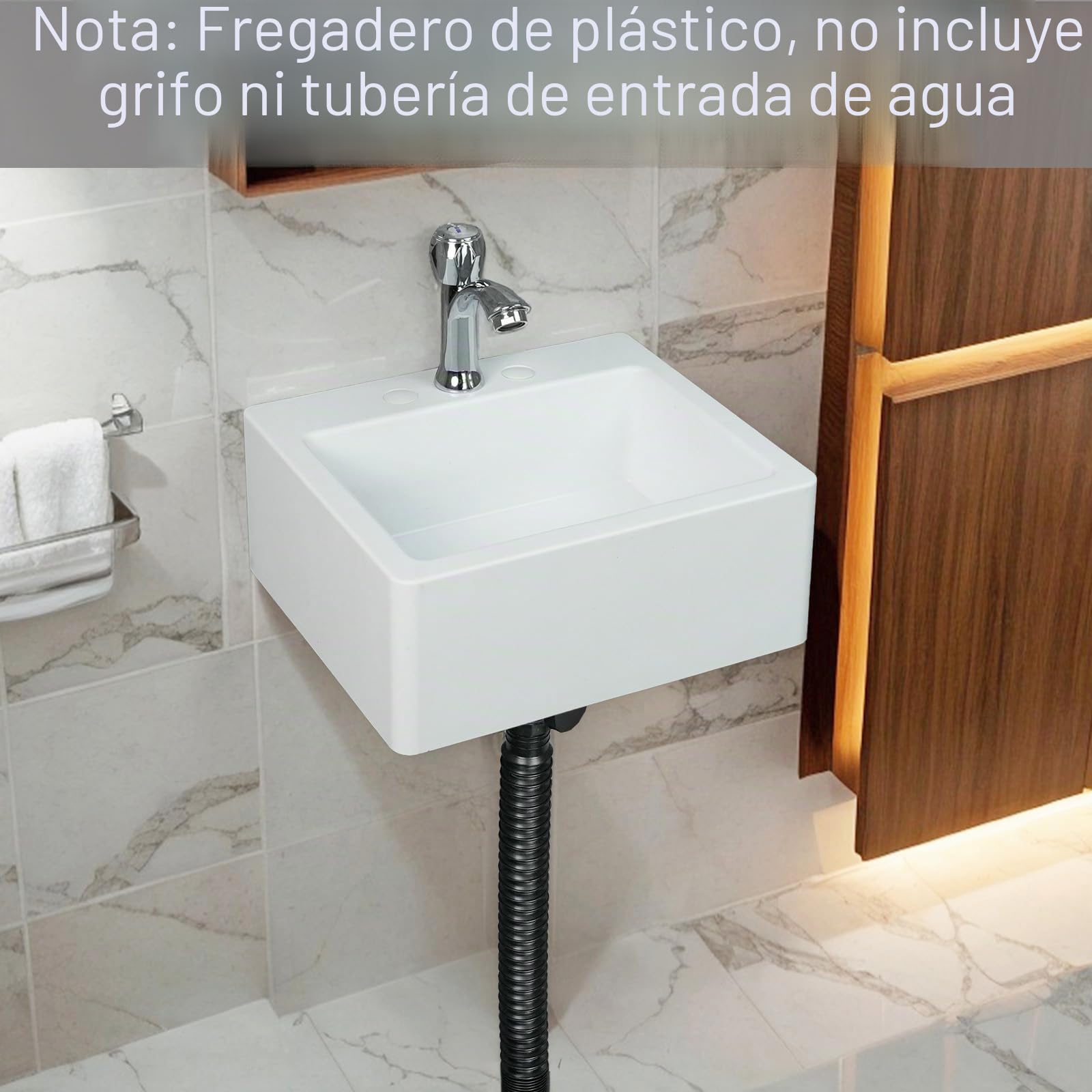 Fregadero de baño pequeño para montaje en pared, instalación sin taladro, fregadero autoadhesivo de 15.74 x 7.87 pulgadas con agujero de grifo de 1.26 pulgadas, mini fregadero de plástico para el