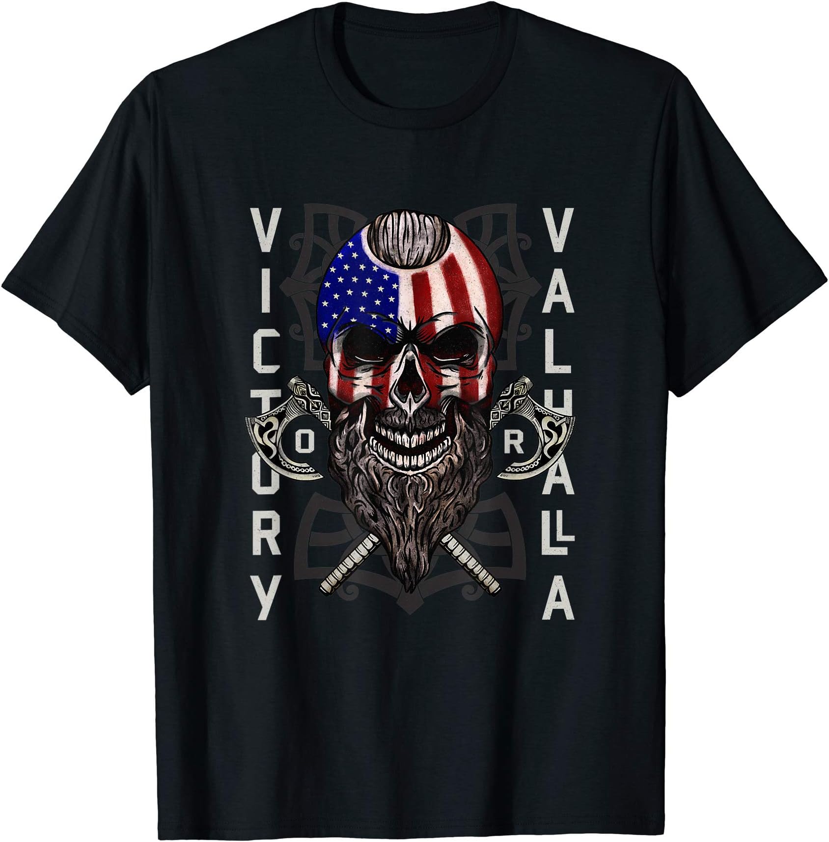 Awesome American Viking Shirts & GiftsAmerican Viking Victory Valhalla Axe & Skull Flag T-Shirt T-ShirtOEKO-TEX STANDARD 100