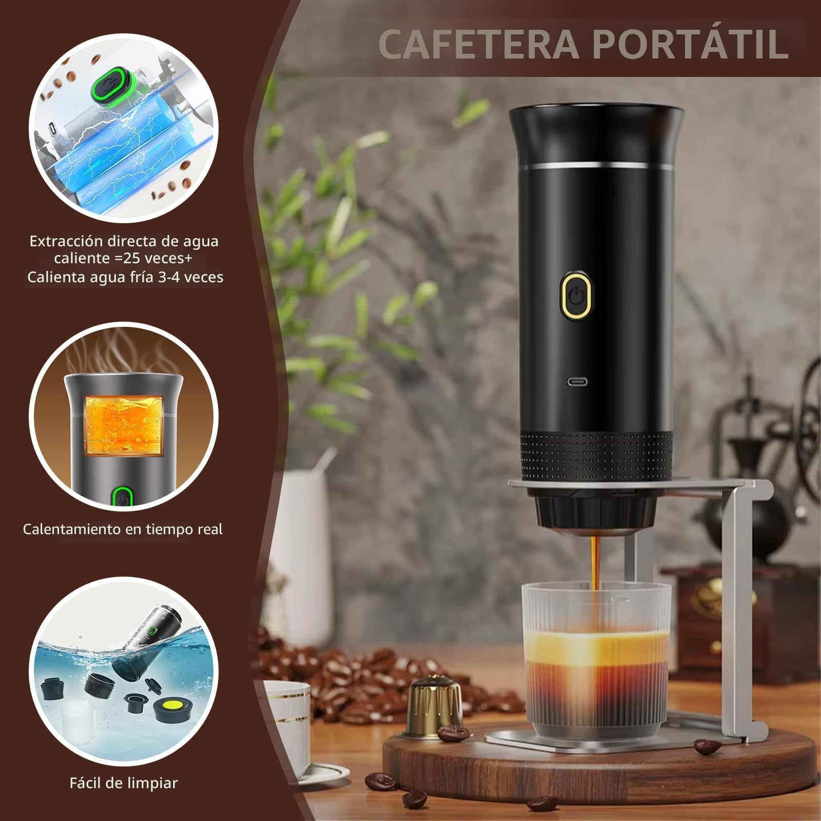 PZCC Cafetera Portatil, Cafetera Portátil Cápsula de Espresso 3 en 1, Autocalentamiento de 2a6 Minutos, Para Cápsulas Pequeñas o Grandes y Café Molido,Cafetera Portátil para Oficina y Hogar (Negro)
