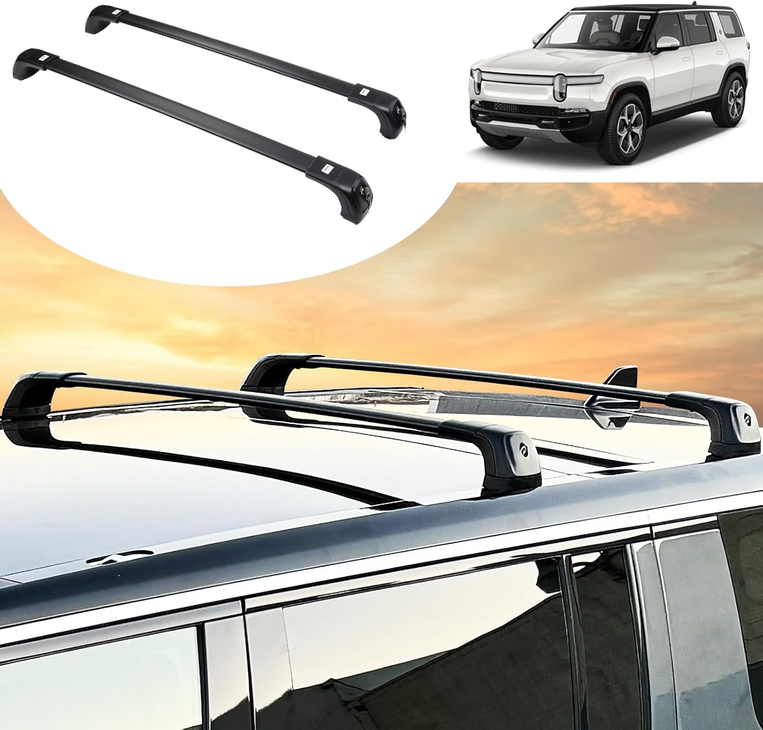Roof Cross Bar for Rivian R1S Accessories 2024 2023 2022, One Pair 2 PCs Aluminum Roof Rack Cross Bars with Keys for Rivian R1S Accessories, Do Not Fit for Rivian R1T