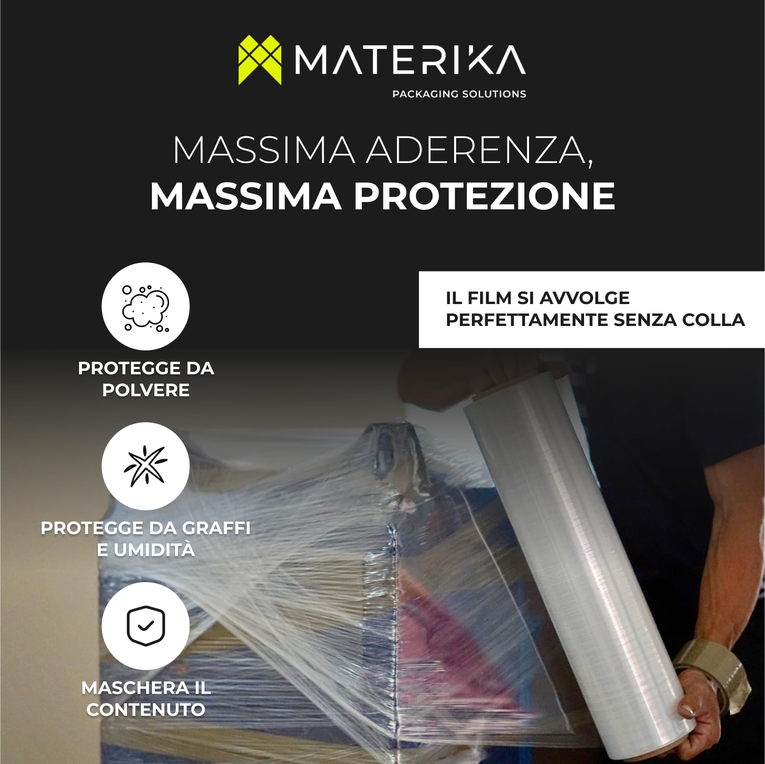 MATERIKA – Film Estensibile Bianco per Imballaggio, Traslochi e Spedizioni – 6 Rotoli da 160 m x 30 µ x 50 cm – Coprente, Antiurto, per Pallet, Scatole e Merci
