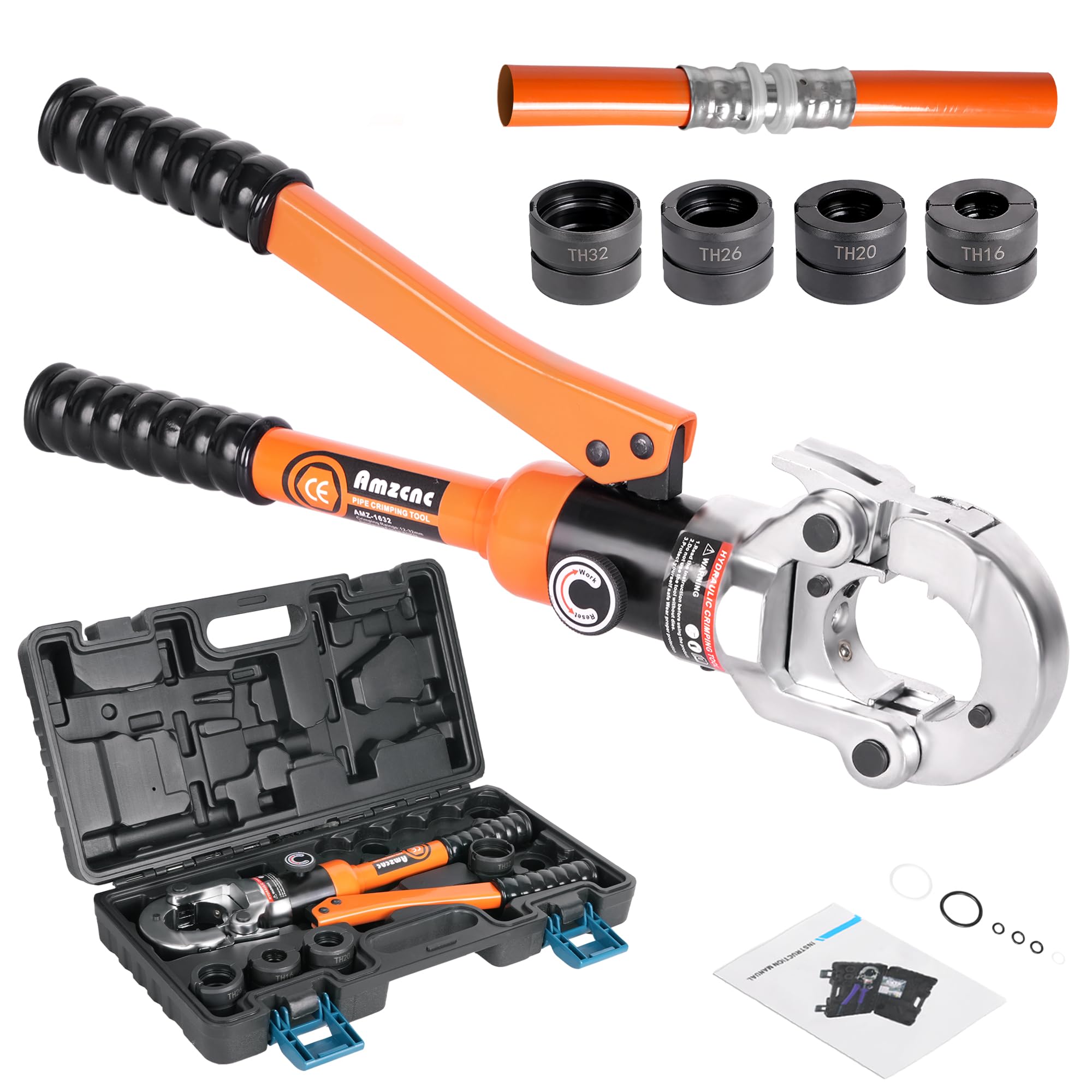 AMZCNC Profi Presszange TH-Kontur 16-20-26-32 Set Presswerkzeug mit 360° drehbarem Kopf,für Verbundrohr mit Fittings der TH-Kontur, Backeneinsätze TH16,TH20,TH26,TH32 incl.