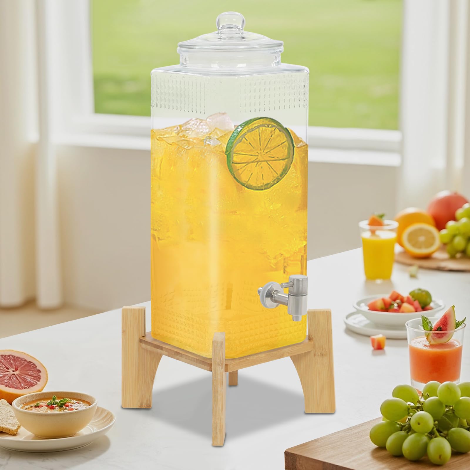 Distributore di bevande, dispenser di succo in vetro con rubinetto e supporto in bambù (10 l)