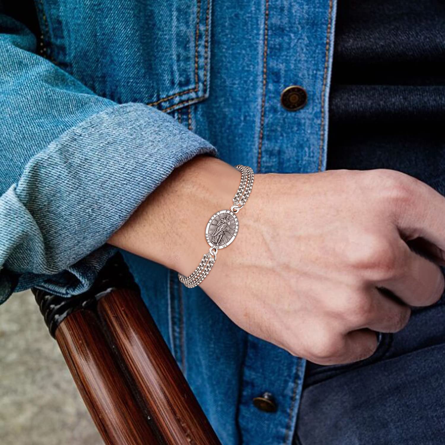 ADMETUS 925 Sterling Silber Amulett Armband | Schutzpatron Armband für Männer mit 7"+2" Verstellbare Kette