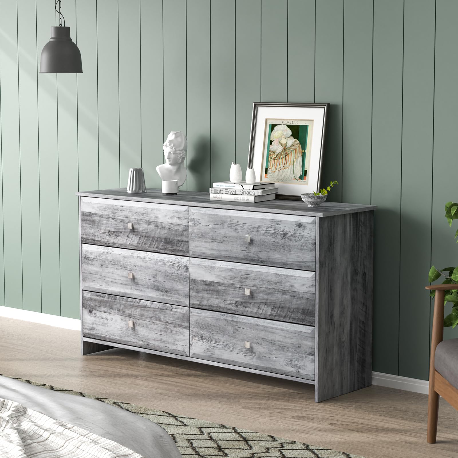 VINGLI Washed Gray Dresser 6 Drawer, 53.9" Long Dresser Wood with Textured Drawer Front, Grey Chest Dressers for Bedroom, Storage Cabinet, Chest of