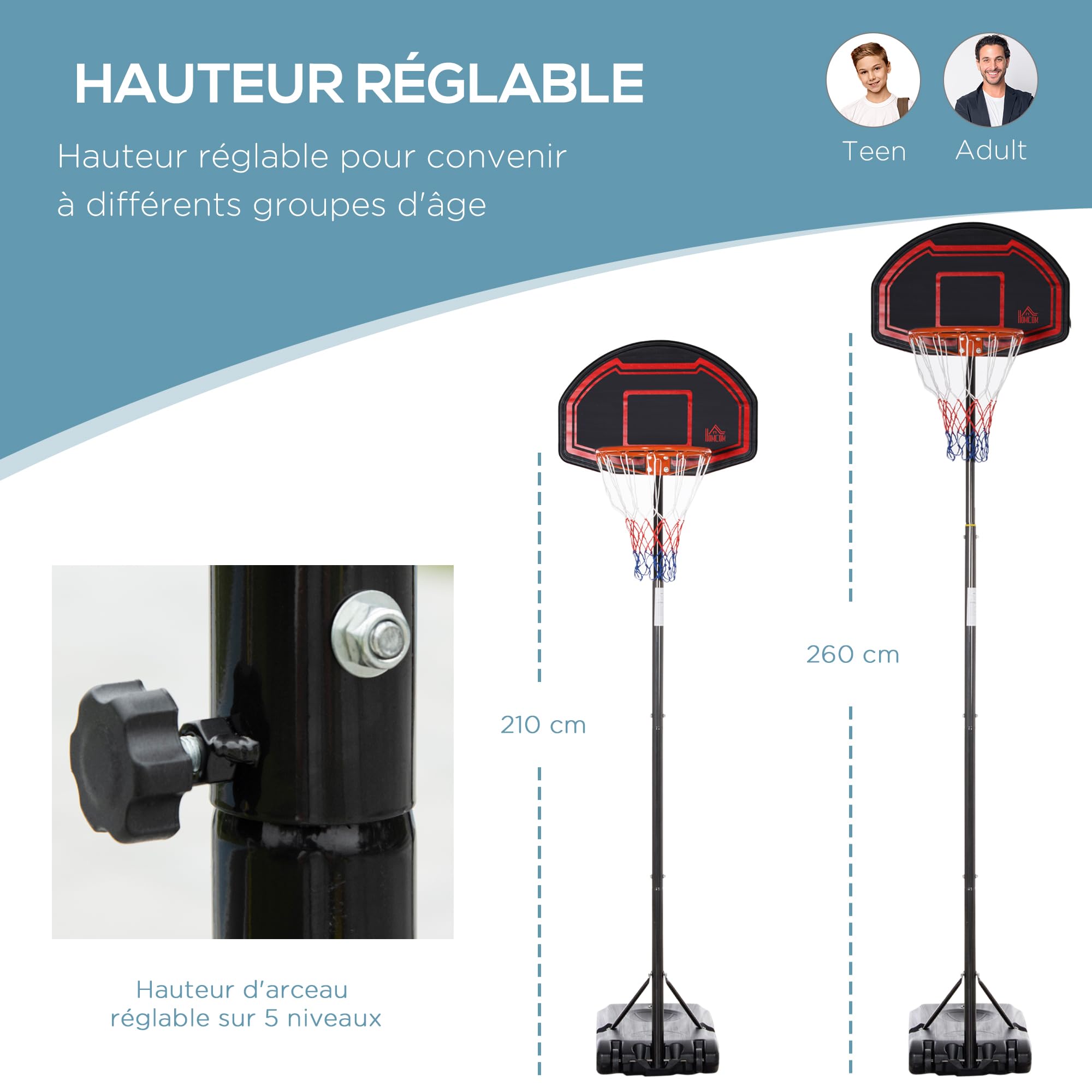 HOMCOM Panier de Basket extérieur avec Poteau Panneau, Base de lestage sur roulettes Hauteur réglable 2,1-2,6 m (Panier)