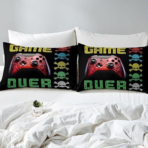 Miniatura 5 de Manfei Funda de edredón roja con estampado de consola de videojuegos, funda de edredón artística de graffiti de hueso de calavera gótica para