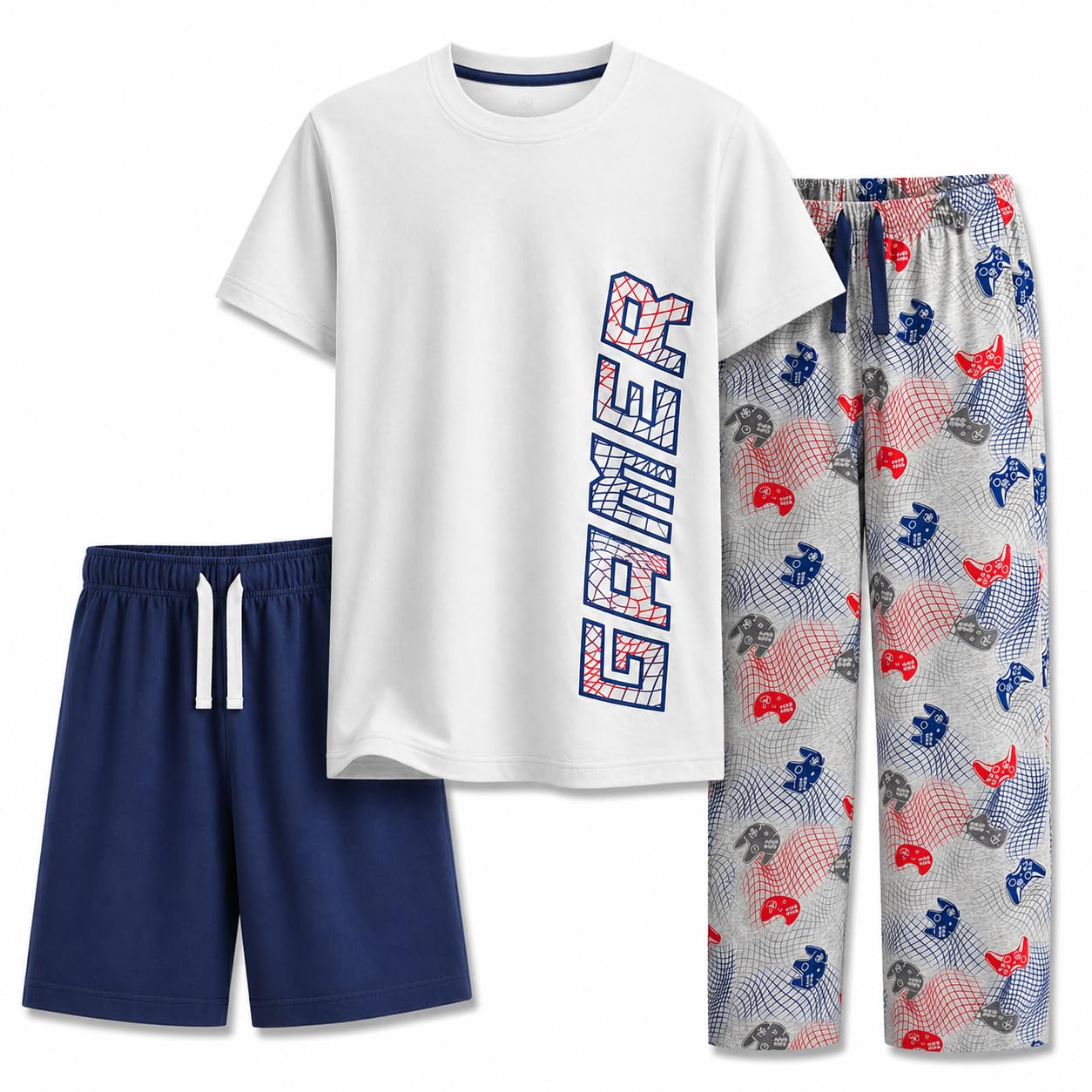 US Angels Boys Pajamas Set | 3-Piece Pant, Shirt, Shorts Sleepwear Pjs for Kids | Loose Fit, Soft, Breathable Blue Plaid