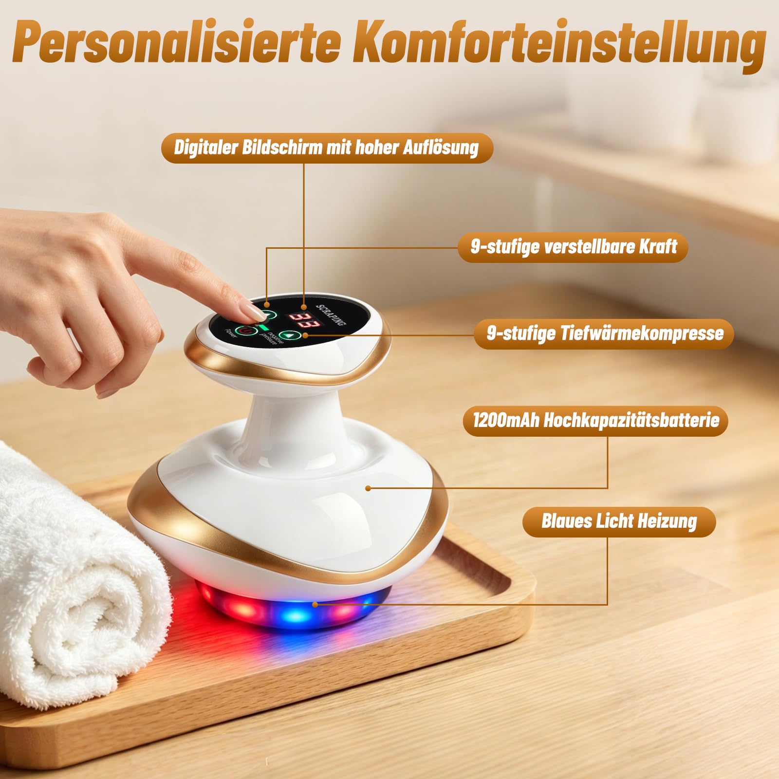 Lymphdrainage Gerät Cellulite Massagegerät,4-in-1 elektrisches Schröpfgerät & Gua Sha mit Rot-Blaulicht & 30 Stahlkugeln,9 Stufen Absaugung & Heizung,Anti Cellulite Massager mit 2 Fl. Premium-Beifußöl