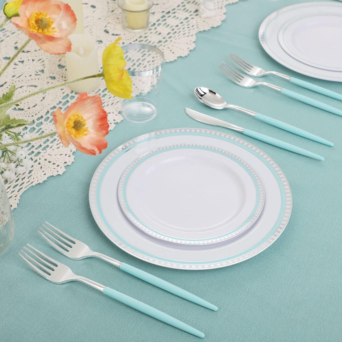 COLOSUS 125pcs Disposable Blue Plastic Plates Silver Plastic Silverware .Light blue dinnerware party set include 25 Dinner Plates 25 Dessert Plates 25 Forks 25 Knives 25 Spoons for 25 Guests