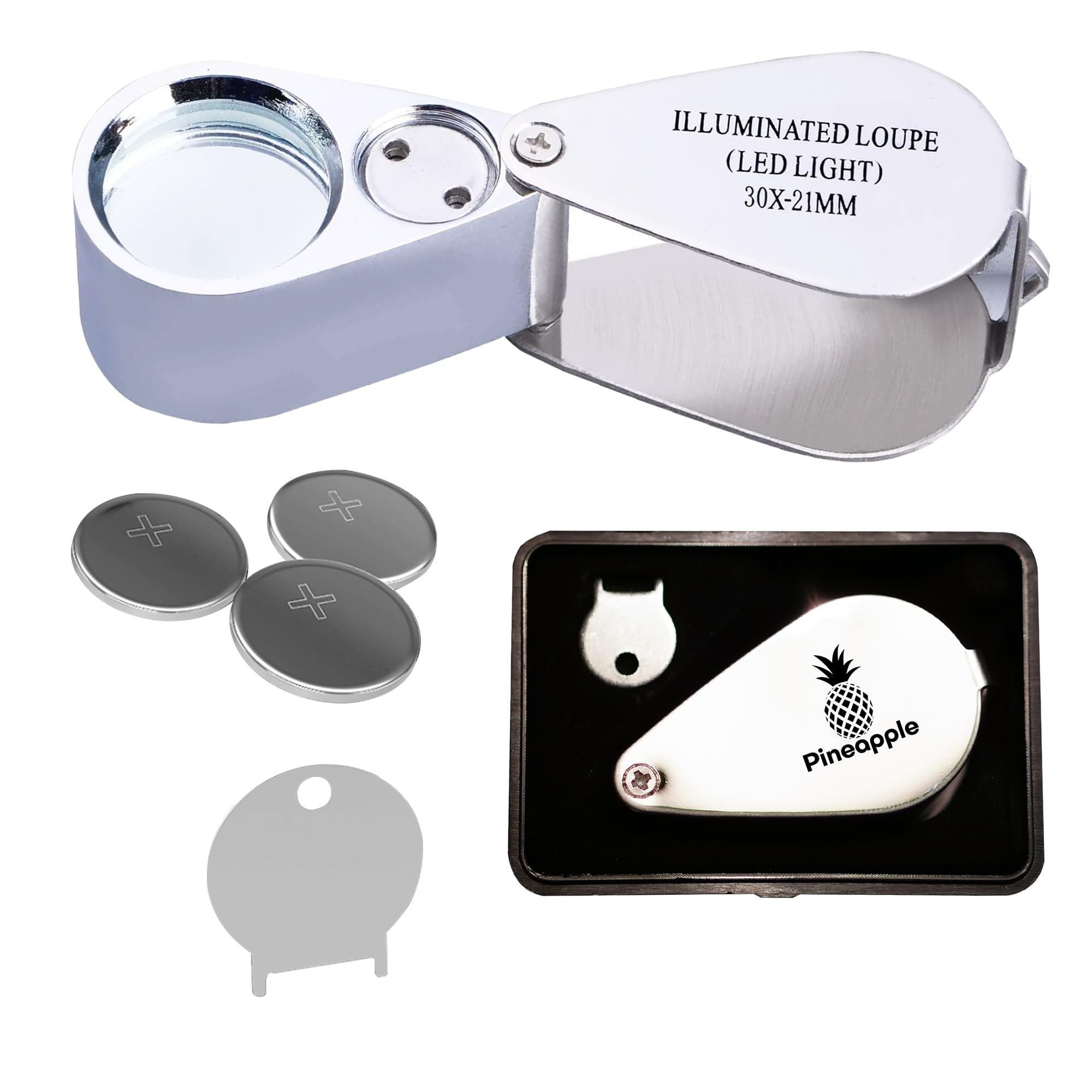 Juwelierlupe mit Licht, 30-fache Vergrößerung, faltbare Schmuck-Lupe, LED-beleuchtete Juwelierlupe für Edelsteine, Diamanten, Münzen, Schmuck, Pflanzen, Briefmarken usw