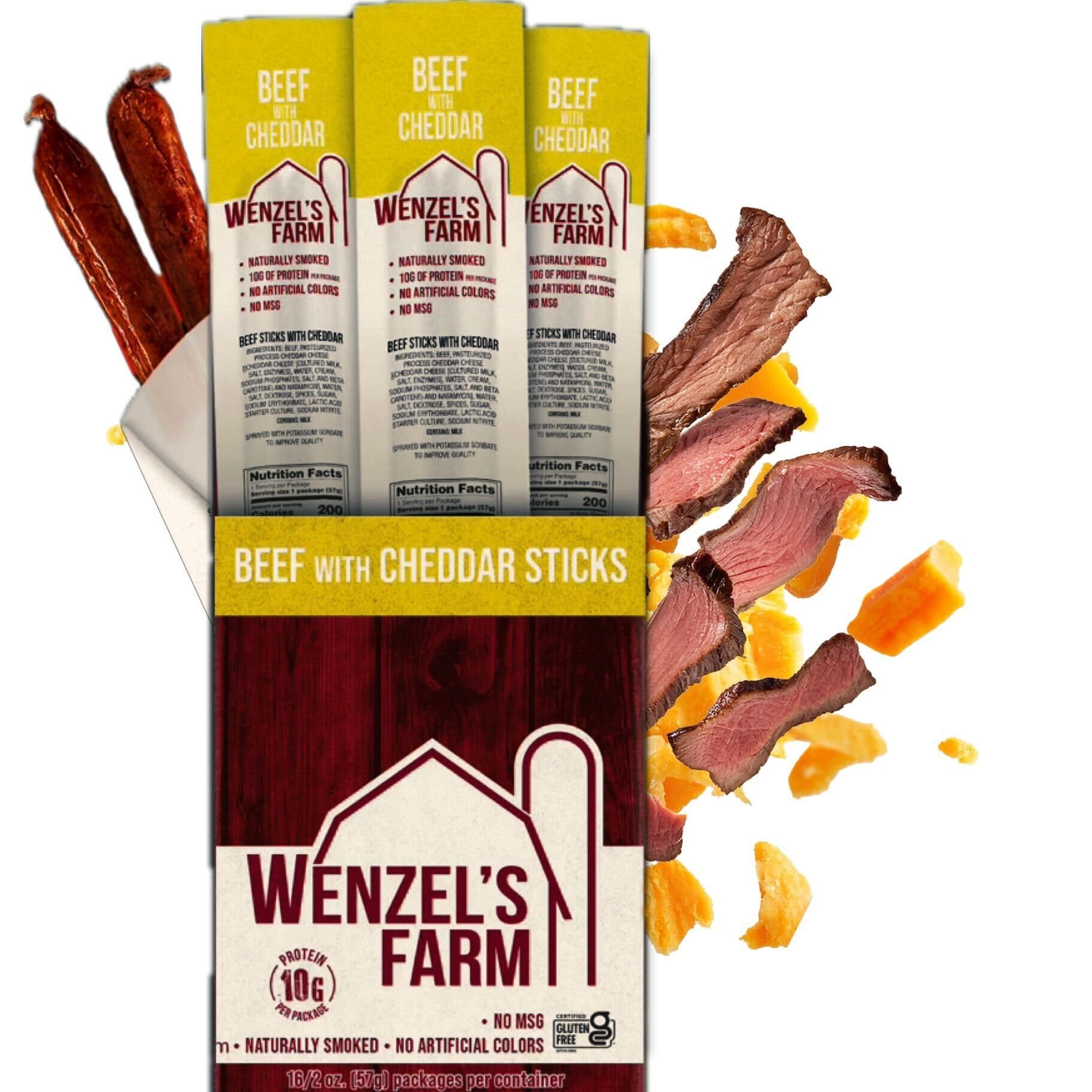 Wenzel’s Farm Beef with Cheddar Sticks │Snack Sticks │ Flavorful, Naturally Smoked │ High Protein, Low Carb │ No MSG, Fillers, Binders, Artificial Colors │ Gluten Free | 32 sticks (16 packs of 2)
