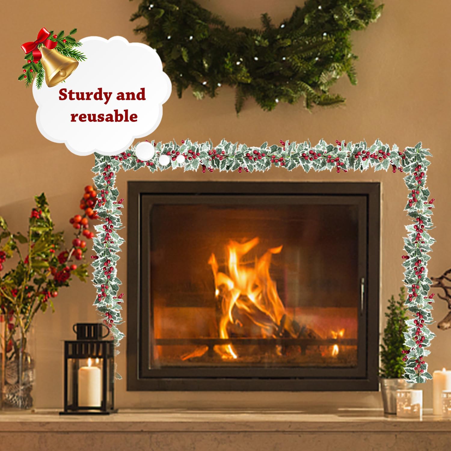 Poinsettia Ghirlanda Di Natale, Ghirlanda Natalizia con Luci per Porta, Decorazioni Natalizie, Piegare A Piacimento, Per Camino Porta Scala Albero Di Natale(2m+10 Luci+temporizzazione