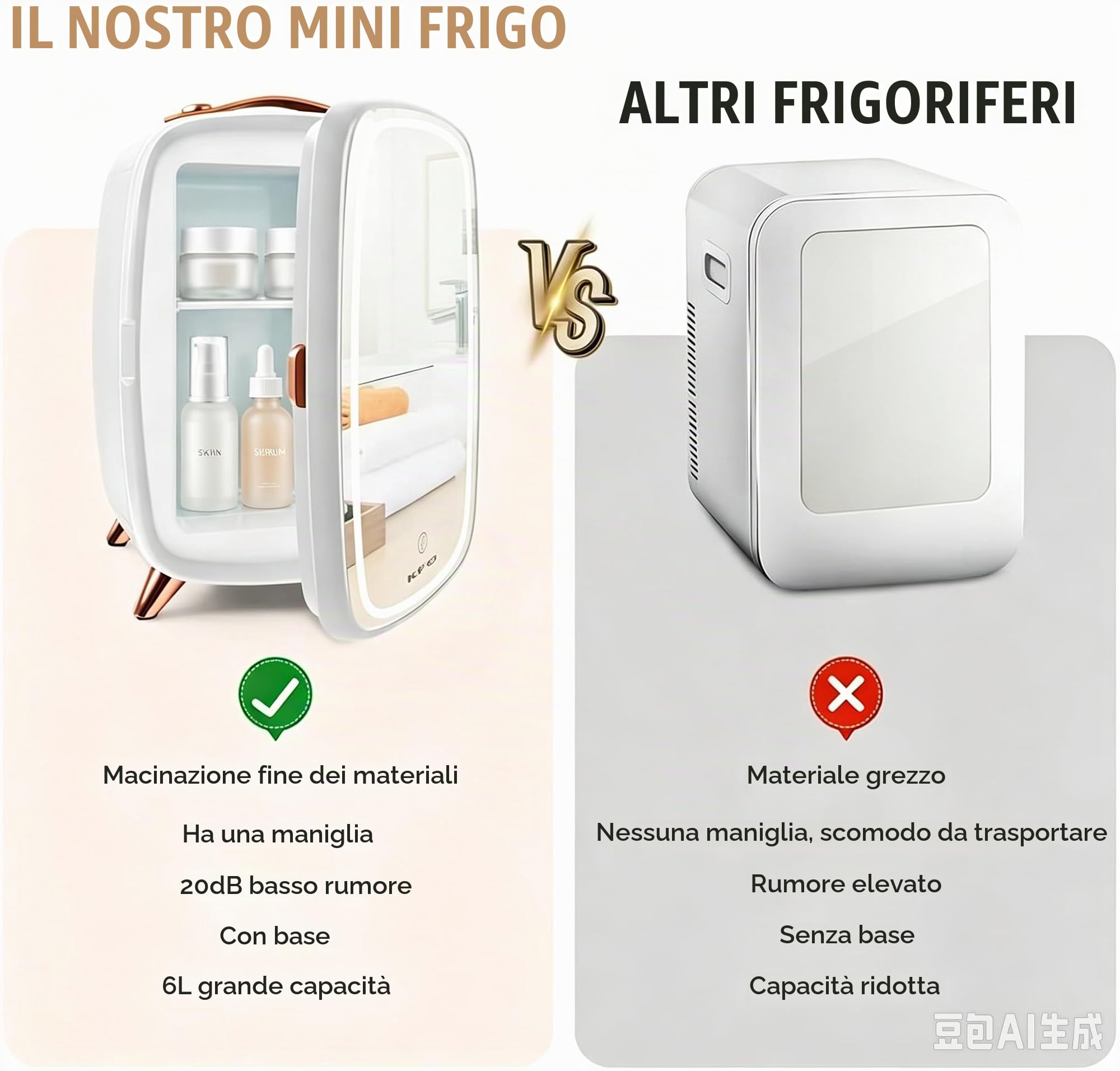 KFO Frigorifero portatile a specchio di bellezza con illuminazione a LED, Mini frigorifero portatile da 6 litri per trucco, 6 litri / 8 lattine 3 LED Mirror Light Mode