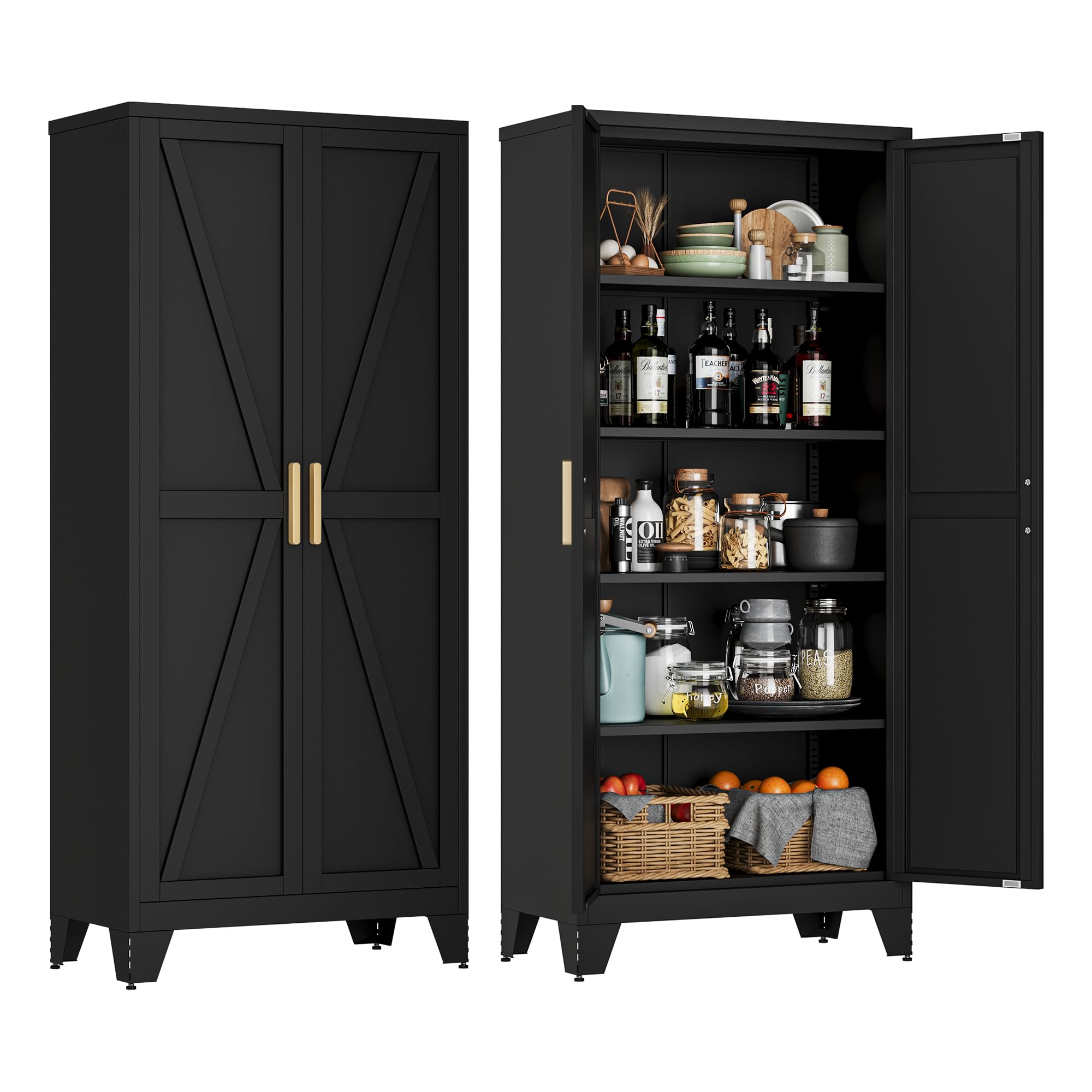 LCAOPC 71" Tall Metal Storage Cabinet with 2 Doors and 4 Adjustable Shelves, 5-Tier Kitchen Pantry Storage Cabinet for Kitchen, Living Room, Dining