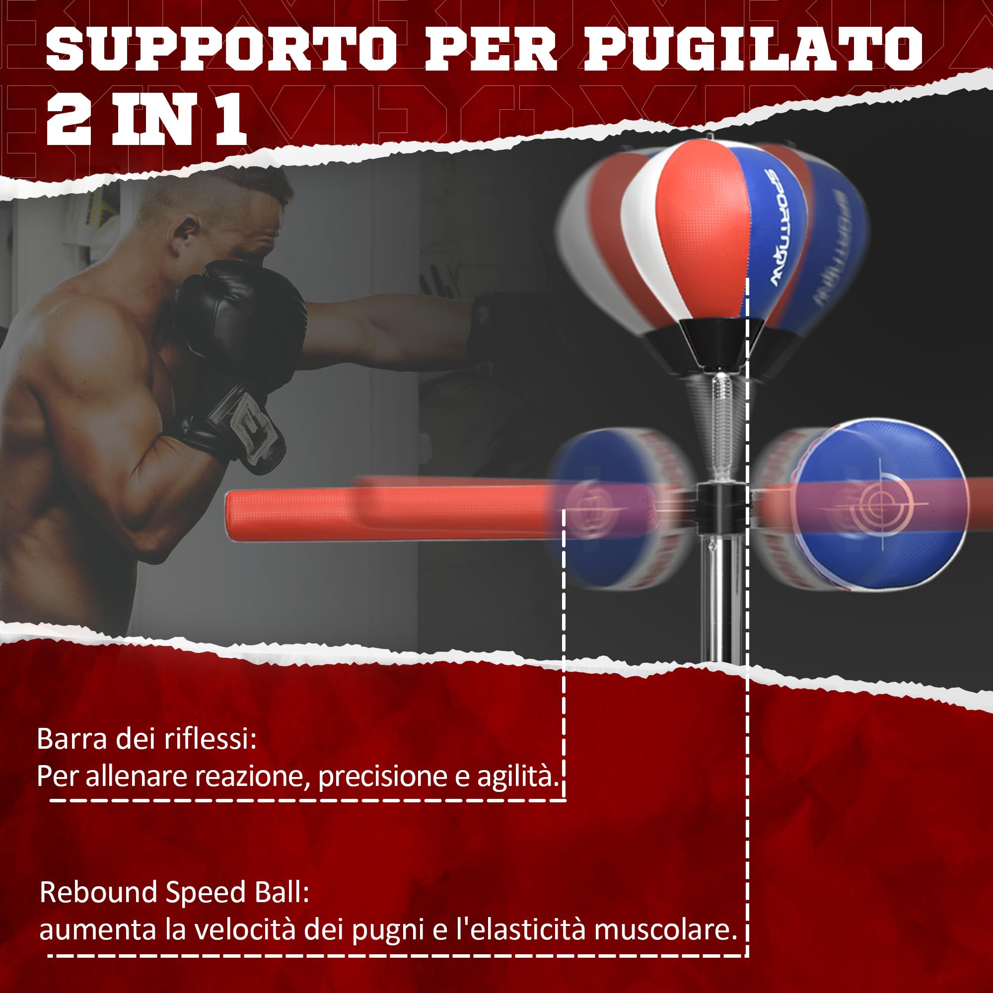 SPORTNOW Punching Ball da Terra per Adulti con Barra Reflex, Speedball e Colpitore, Pungiball da Terra con Altezza Regolabile da 163-205cm, Base Riempibile, Pompa d'aria e Set di Fasce da Polso